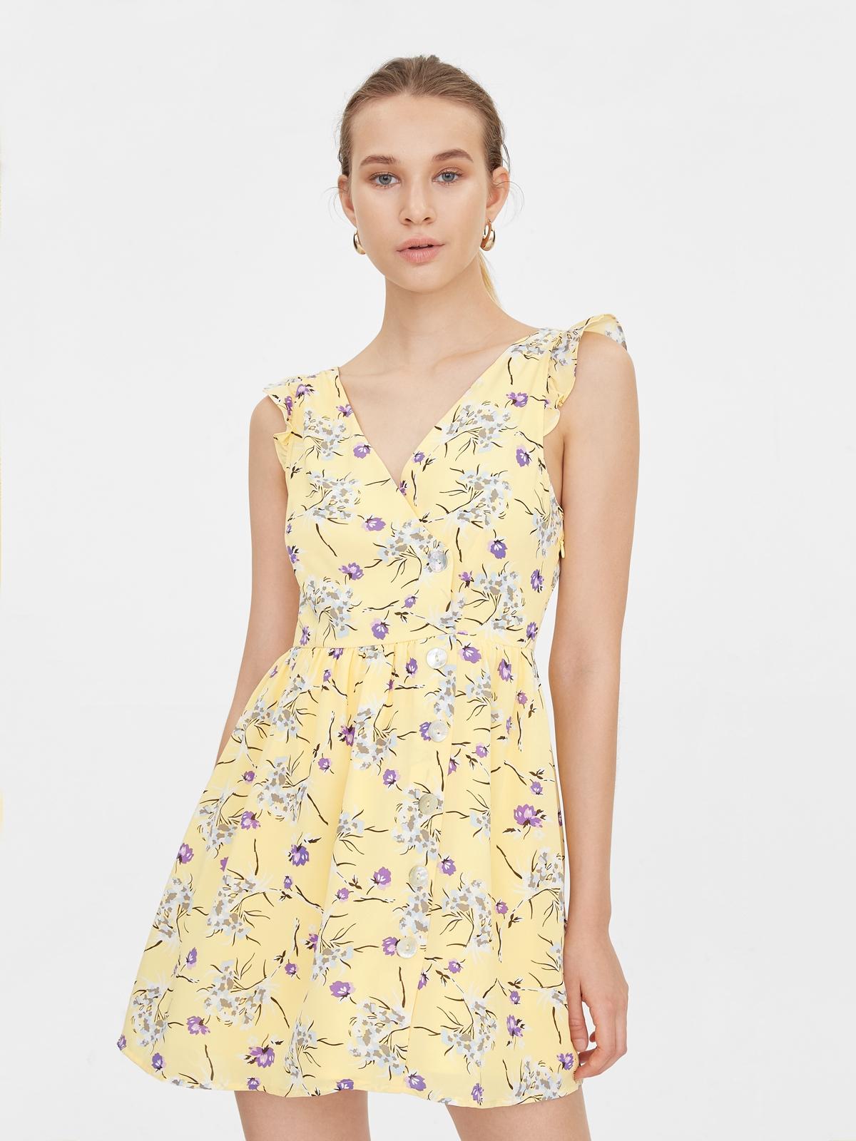 V Neck Frill Shoulder Floral Dress - Yellow