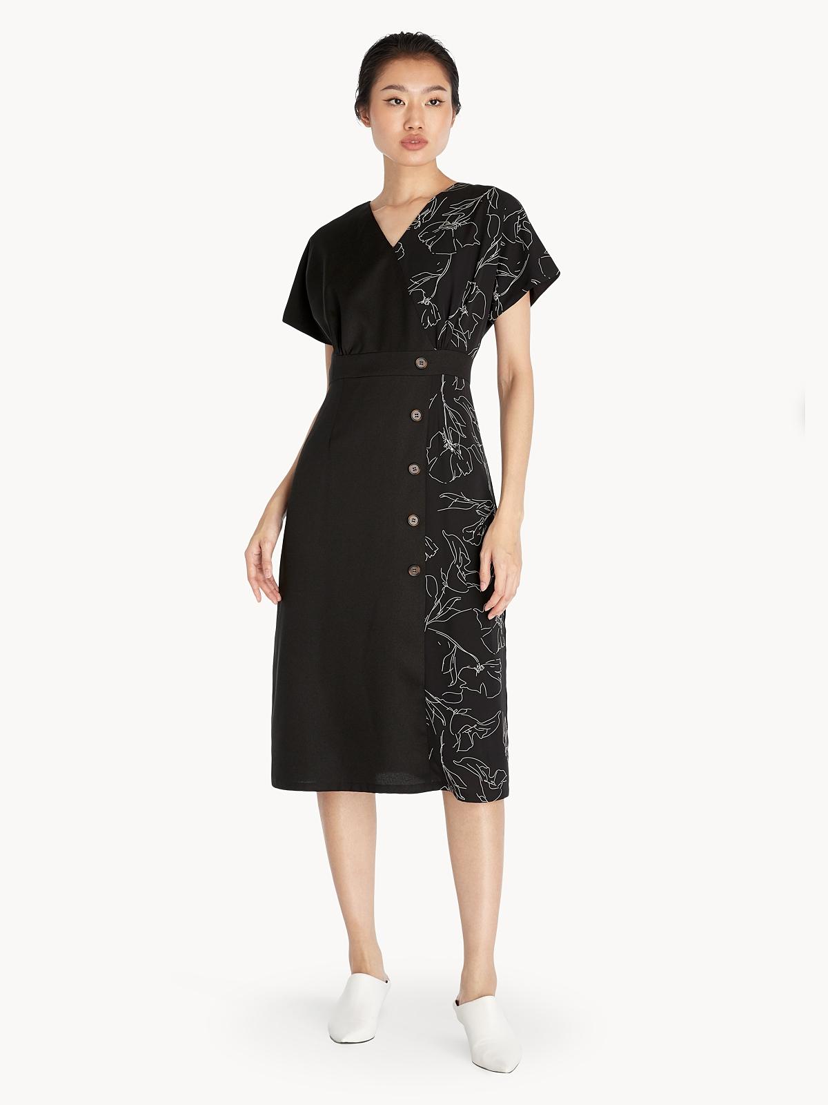 Mixed Fabric Side Buttons Dress - Black
