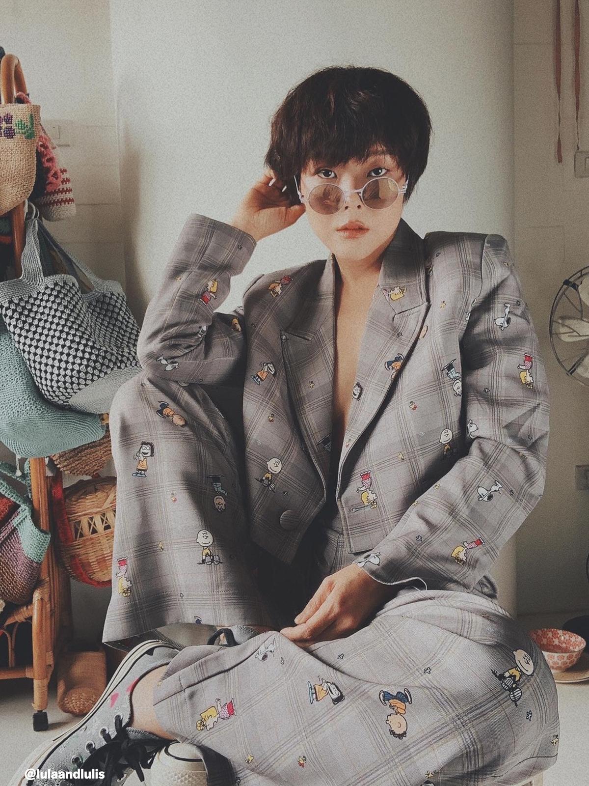 Plaid Graphic Print Blazer - Mid Grey