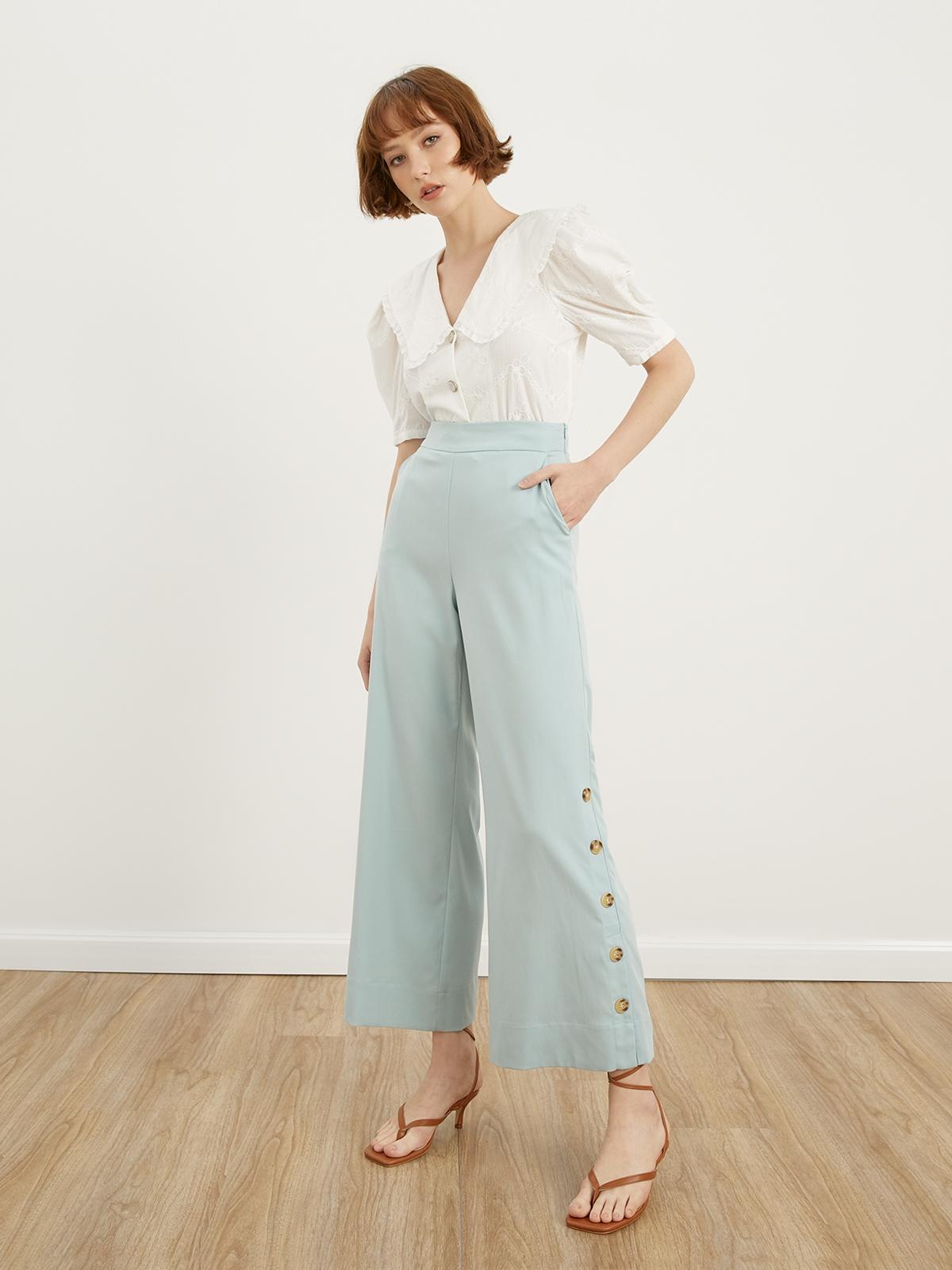Side Buttons Wide Leg Pants - Blue