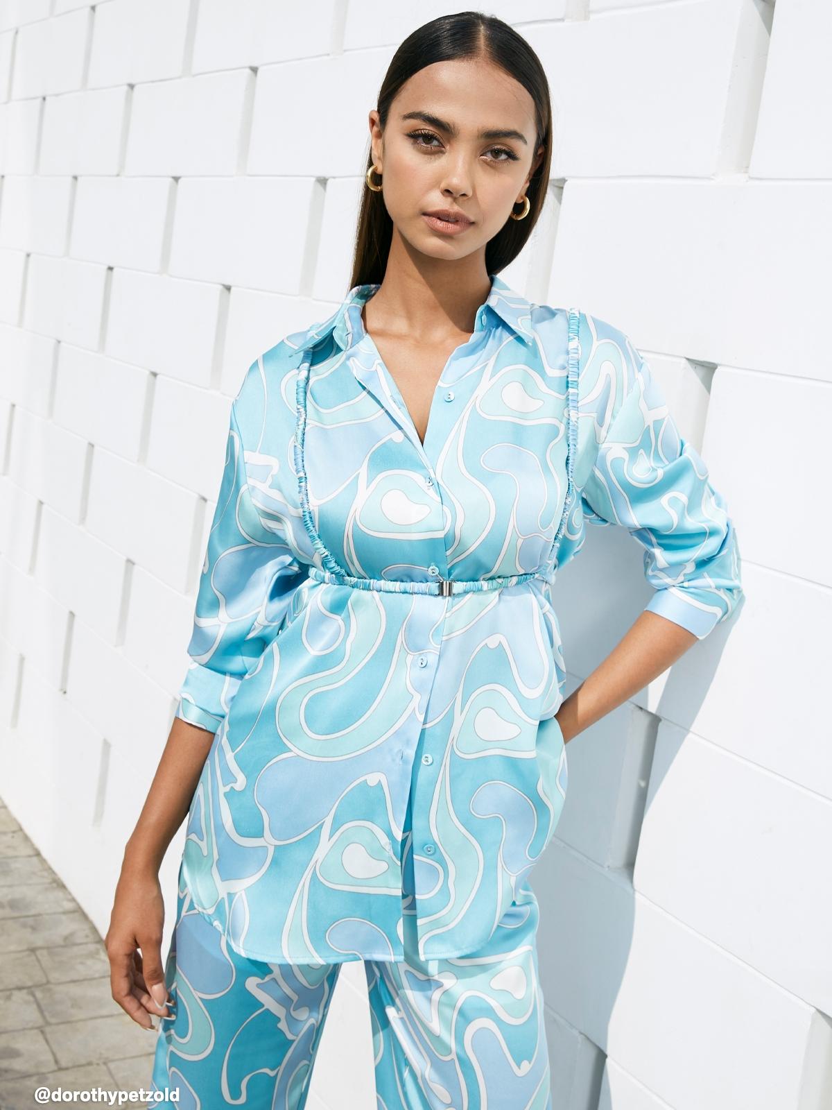 Wave Print Long Sleeve Shirt - Blue