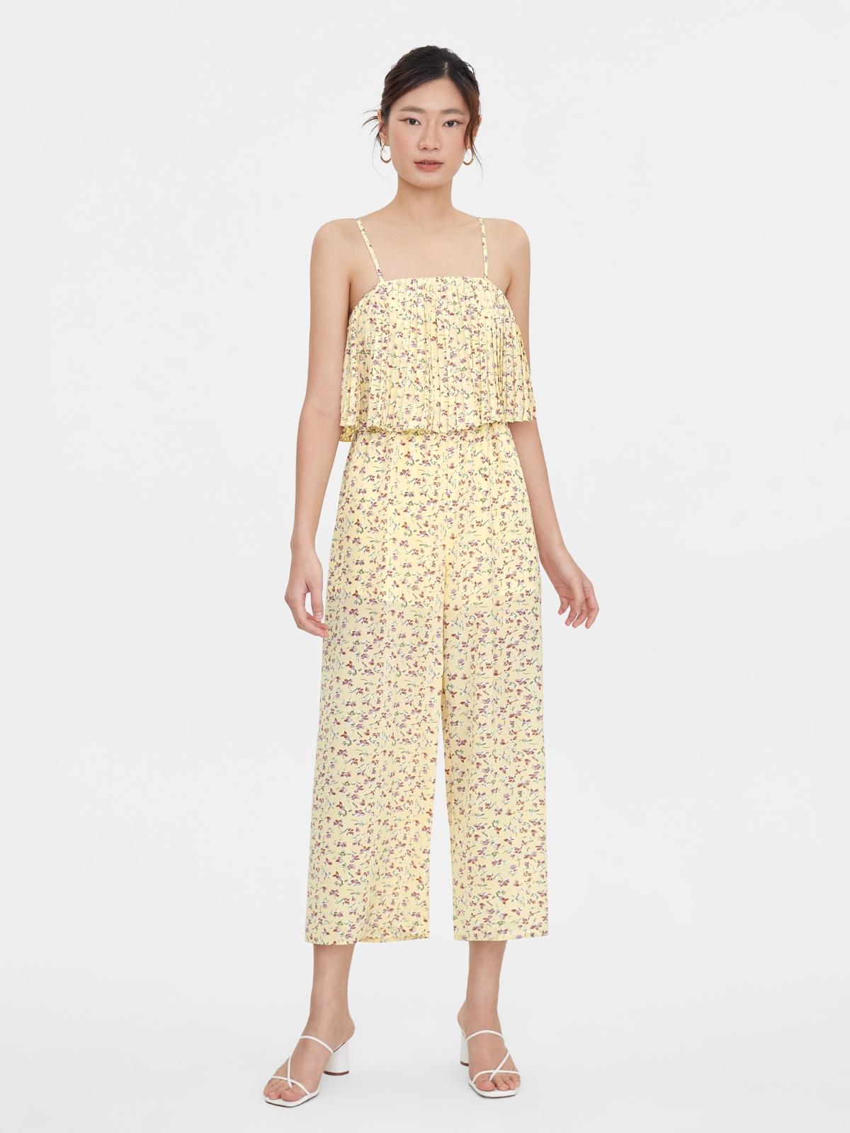 Floral Print Pleated Cami Jumpsuit - Yellow