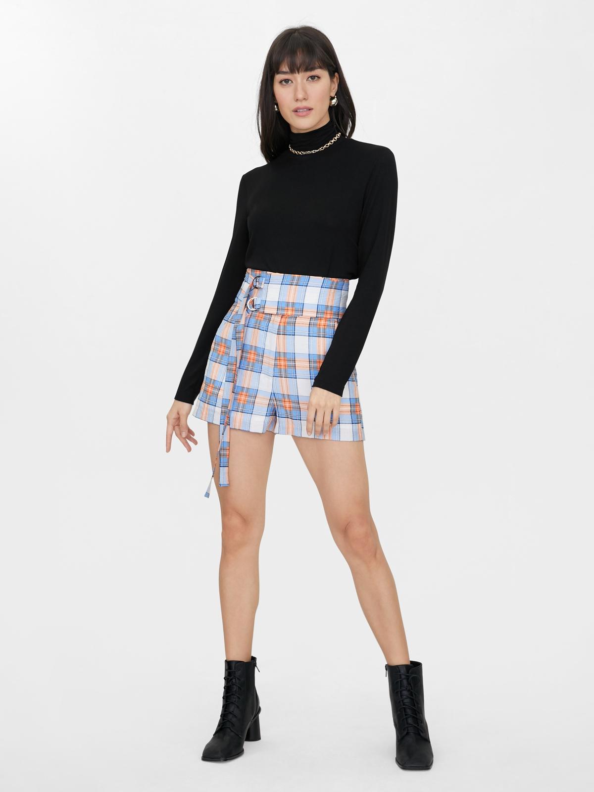 Plaid Double Buckle Shorts - Blue