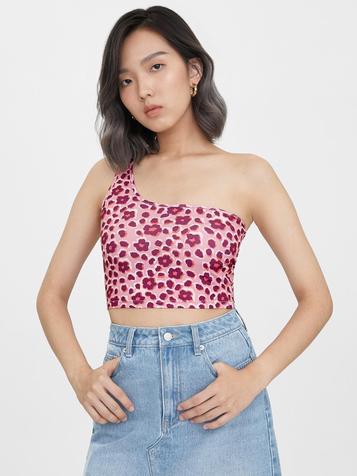 One Shoulder Floral Leopard Print Crop Top - Pink