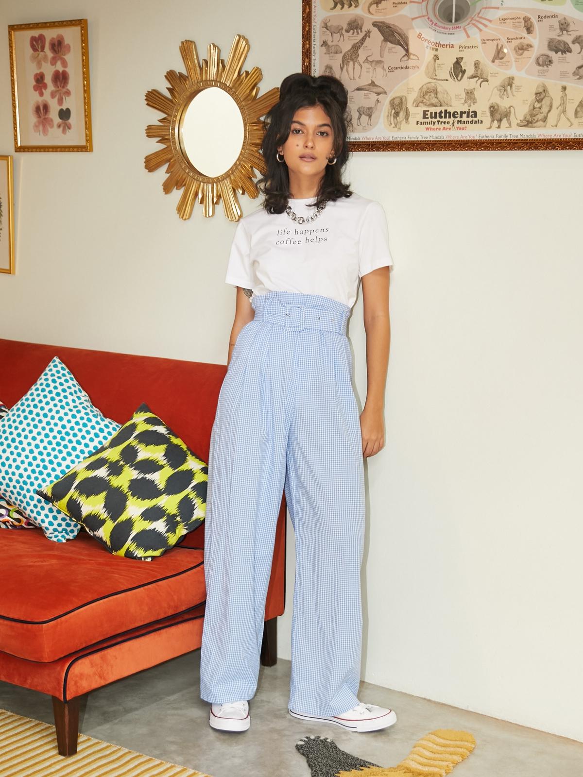 Belted Gingham Wide Leg Pants - Blue