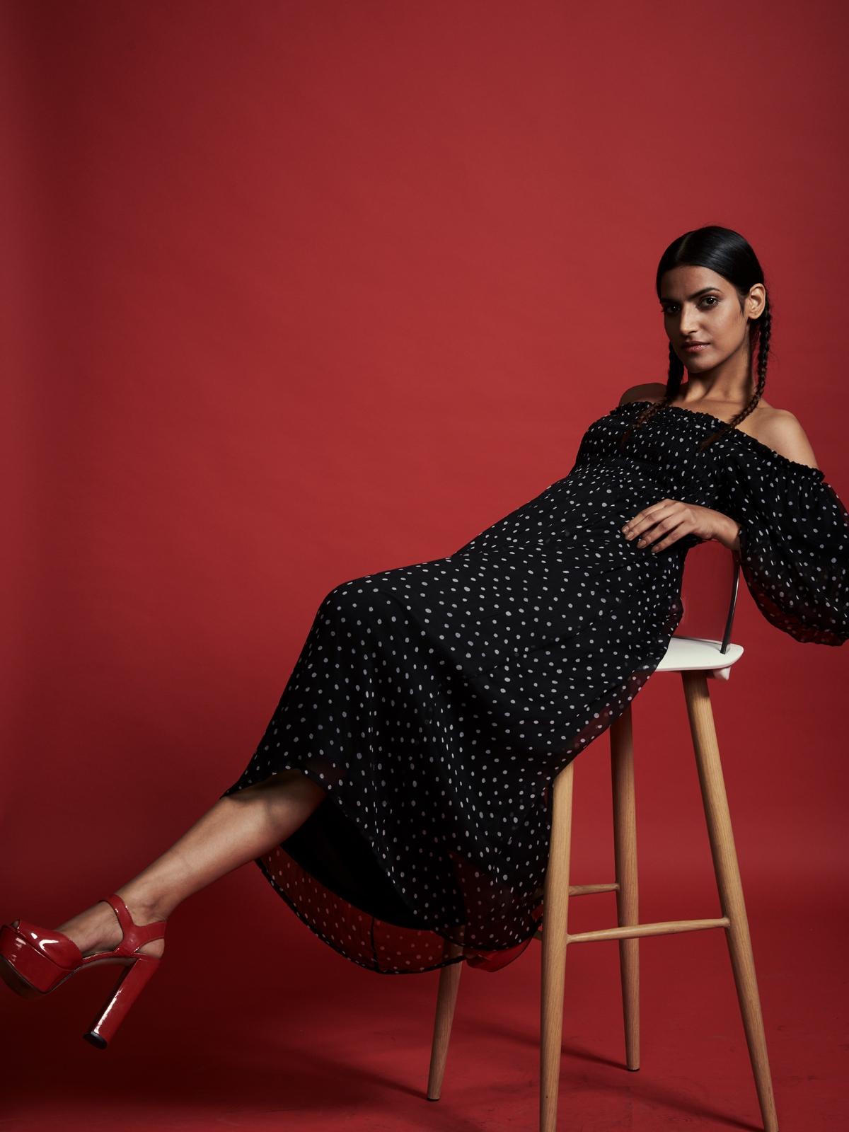 Spotted Off-Shoulder Dress - Black