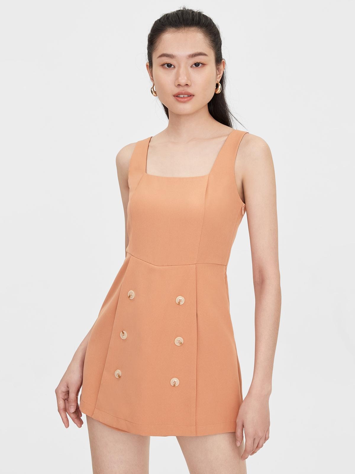 Button Detail Square Neck Romper - Peach