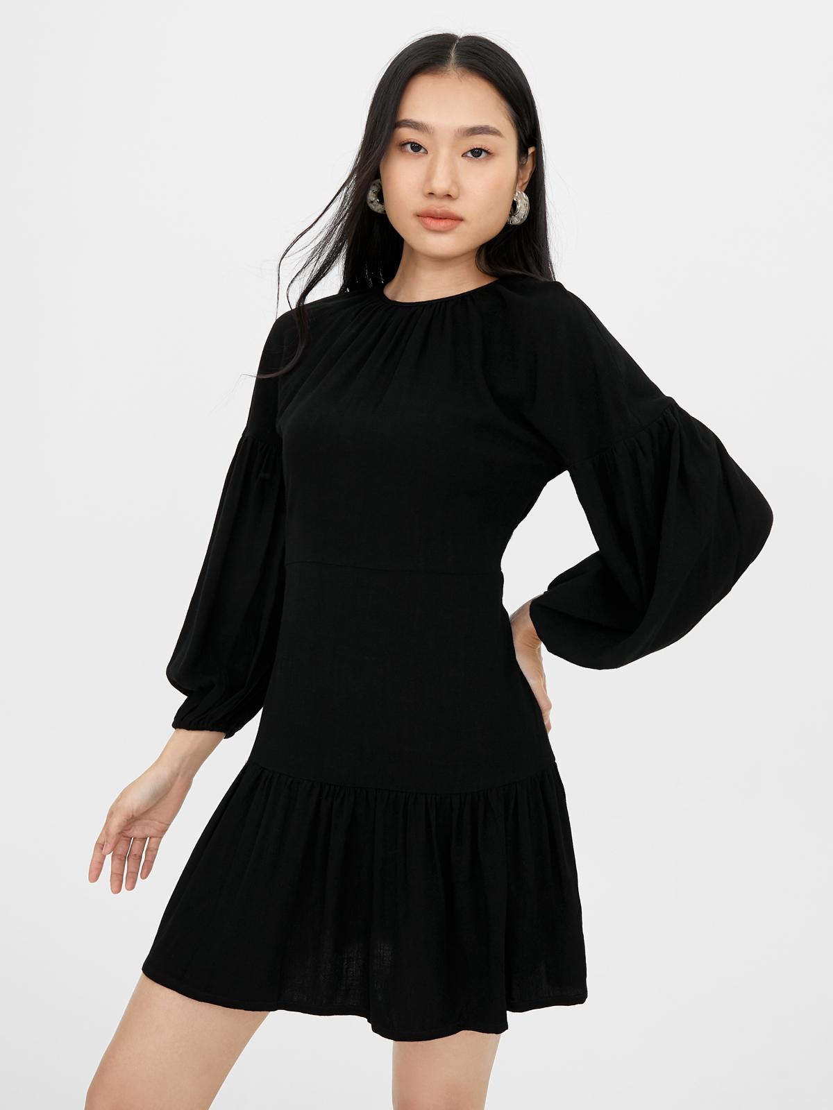 Long Puffed Sleeve Mini Dress - Black