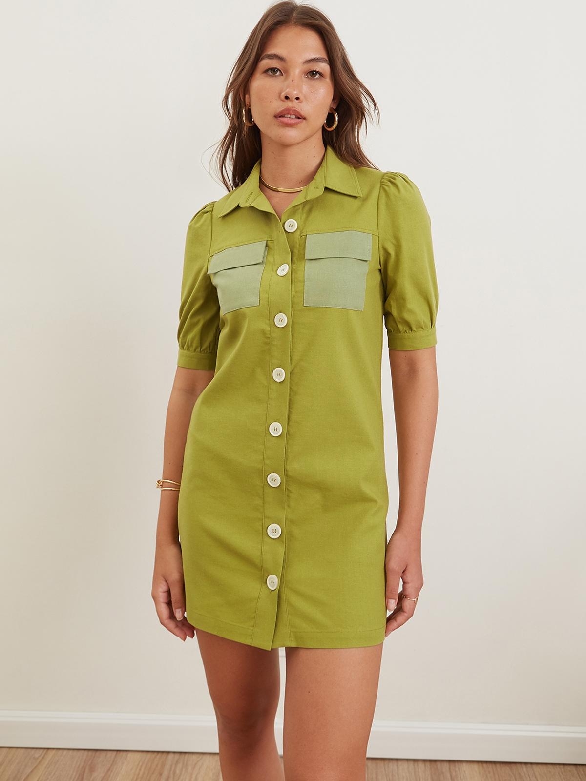 Puff Sleeve Front Button Mini Dress - Olive