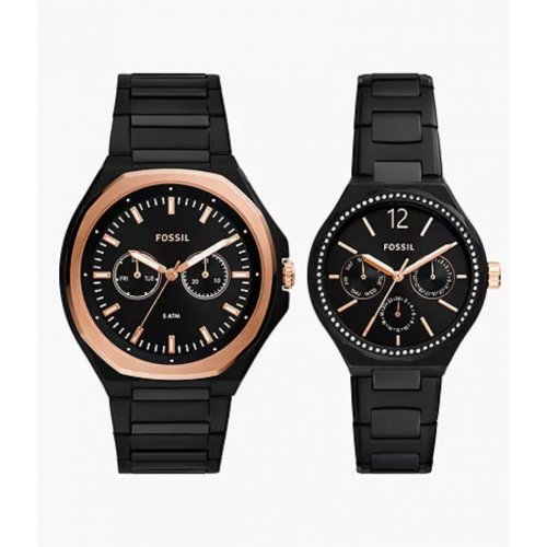 His and Her Multifunction Black Stainless Steel Watch Set