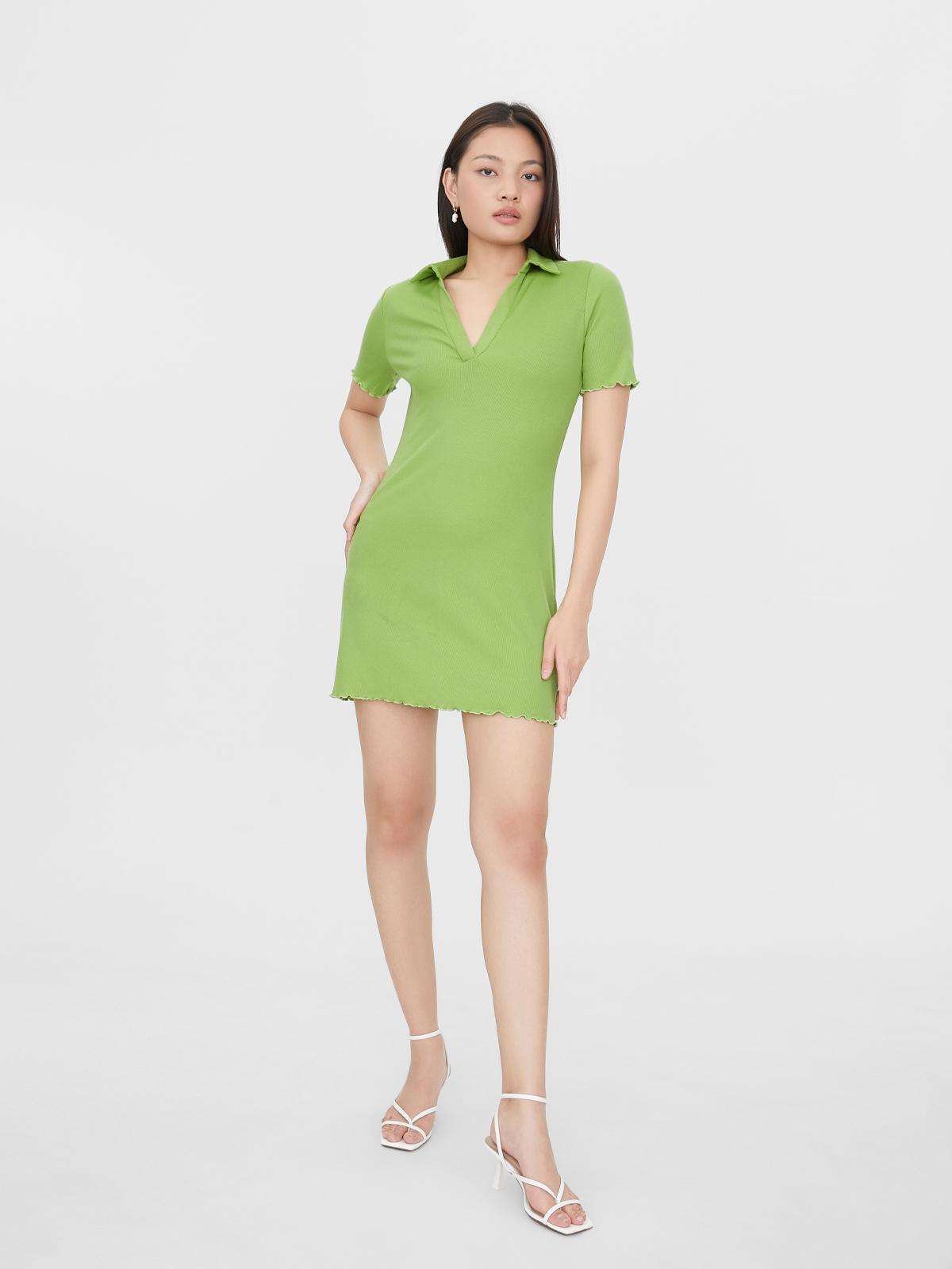 V Neck Ribbed Polo Dress - Green