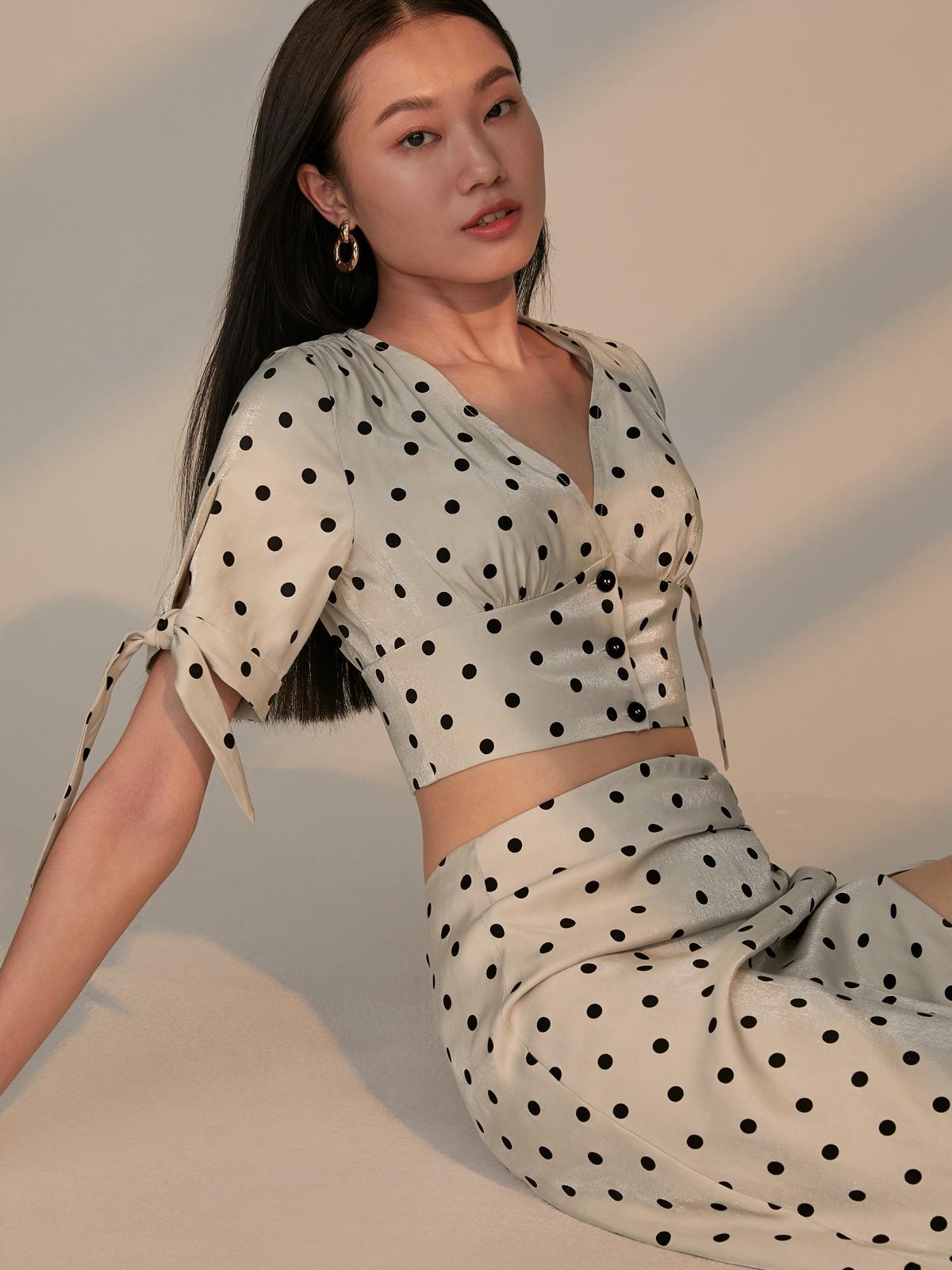 Polka Dot Cinched Crop Blouse - Cream