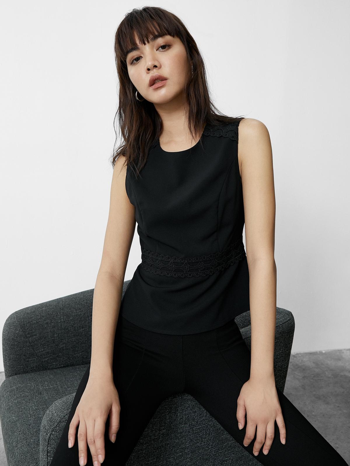 Eyelet Sleeveless Peplum Top - Black