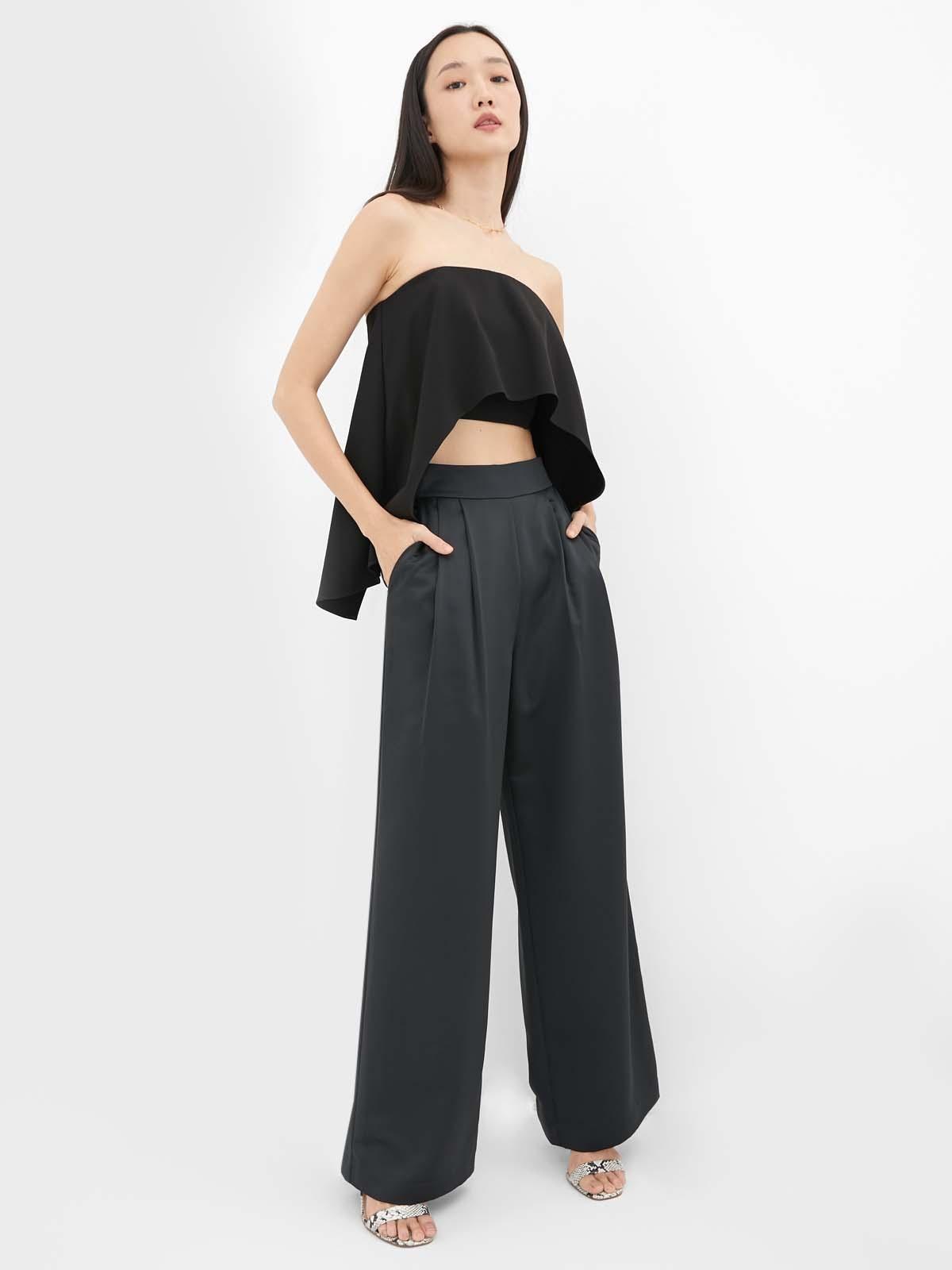 Semi-Pleated High Waist Pants - Black