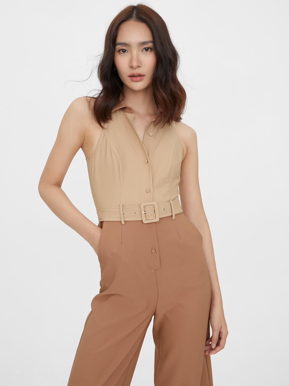 Tie Waist Racerback Jumpsuit - Brown