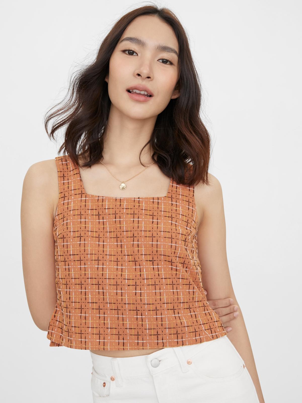 Stitch Pattern Cropped Tank Top - Brown