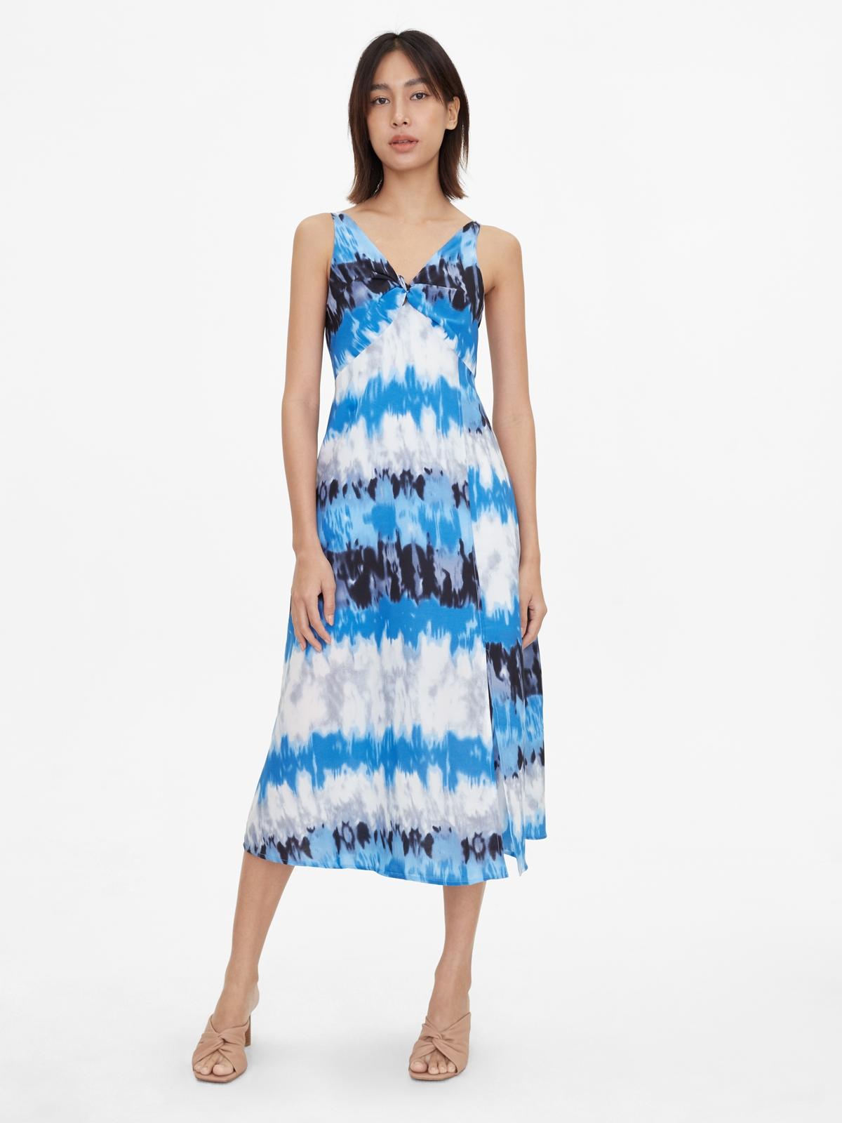 Tie Dye V Neck Flare Dress - Blue