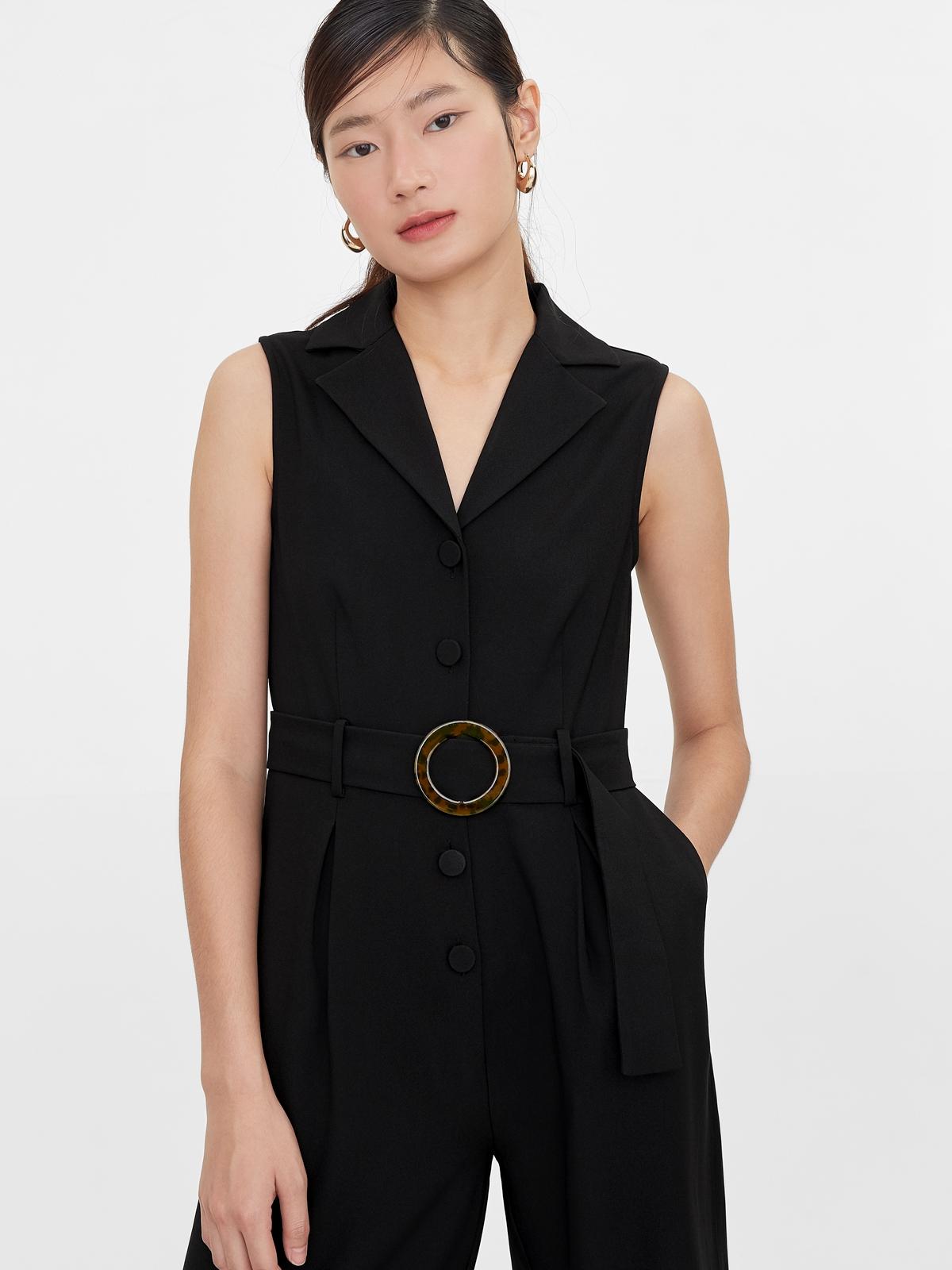 Sleeveless Button Up Buckle Belt Jumpsuit - Black