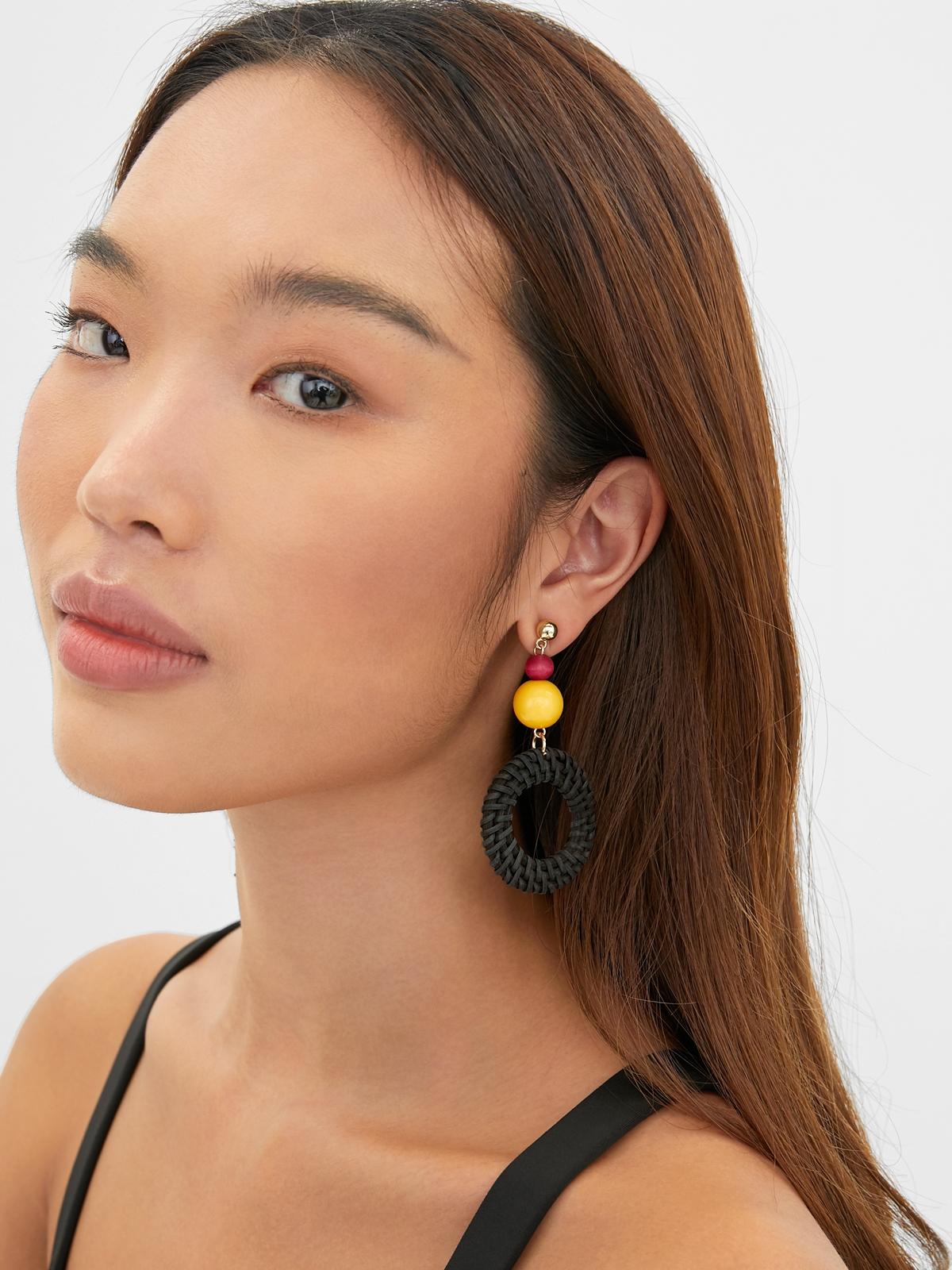 Rattan Circle Drop Earrings - Multi Color