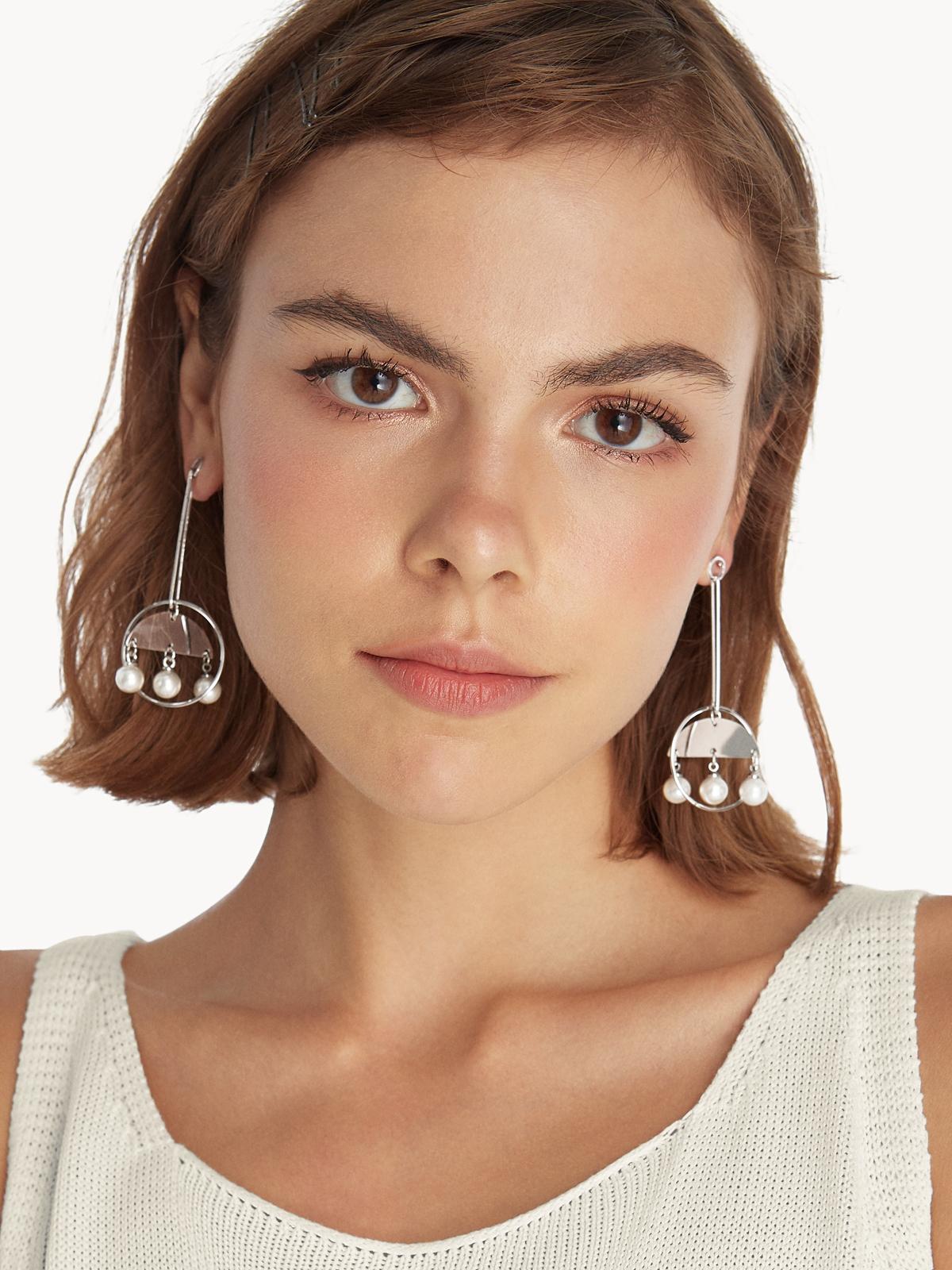 Circular Pearl Drop Hoop Earrings - Silver