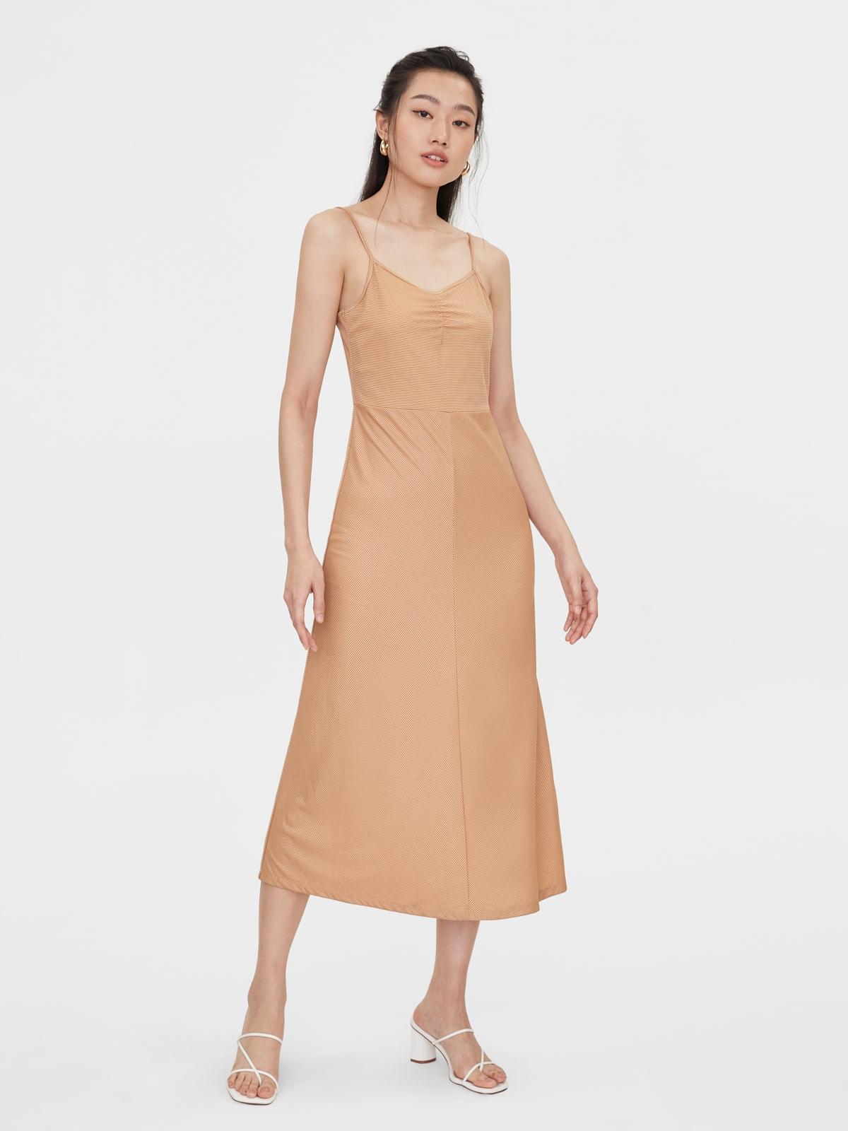 Center Ruched Spaghetti Strap Dress - Brown
