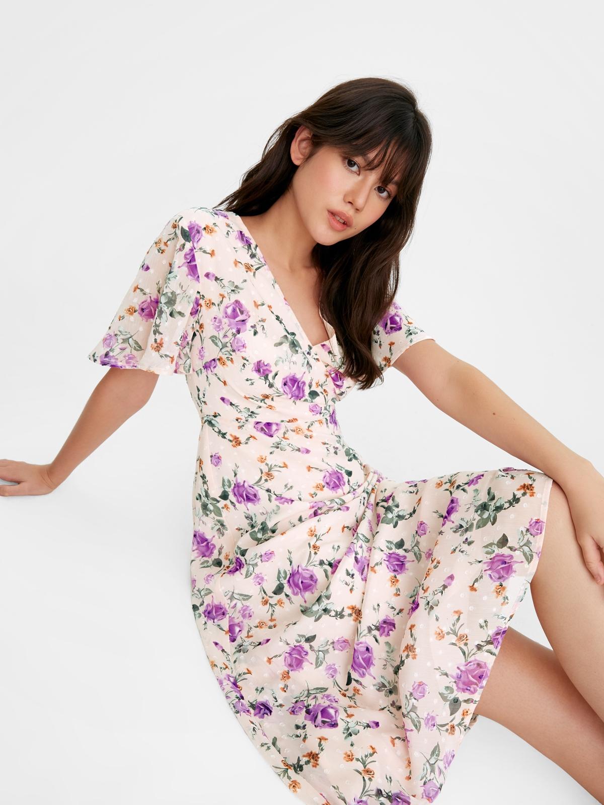 Flower Print Short Sleeve Midi Dress - Pink