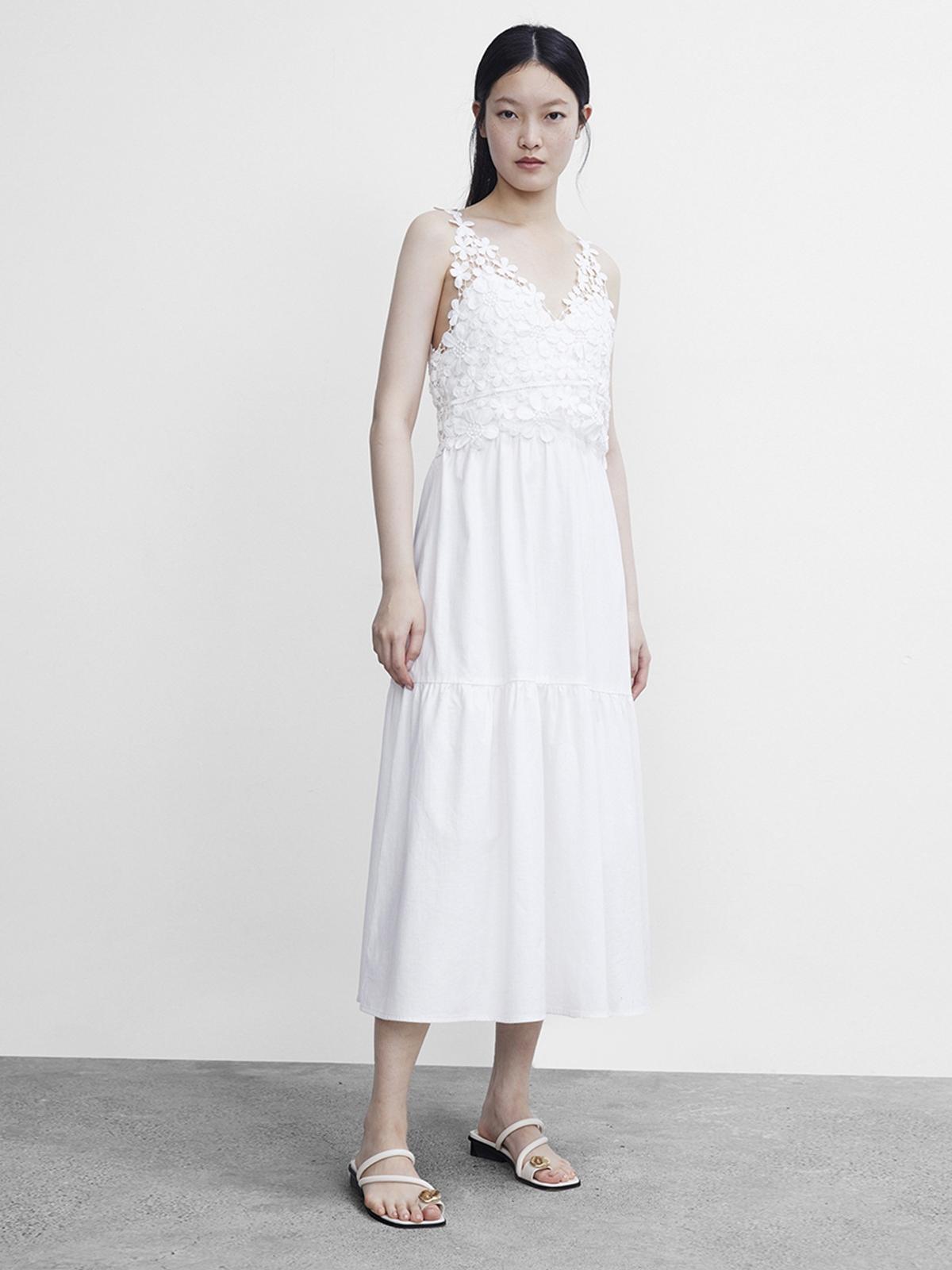 Floral Crochet Midi Dress - White