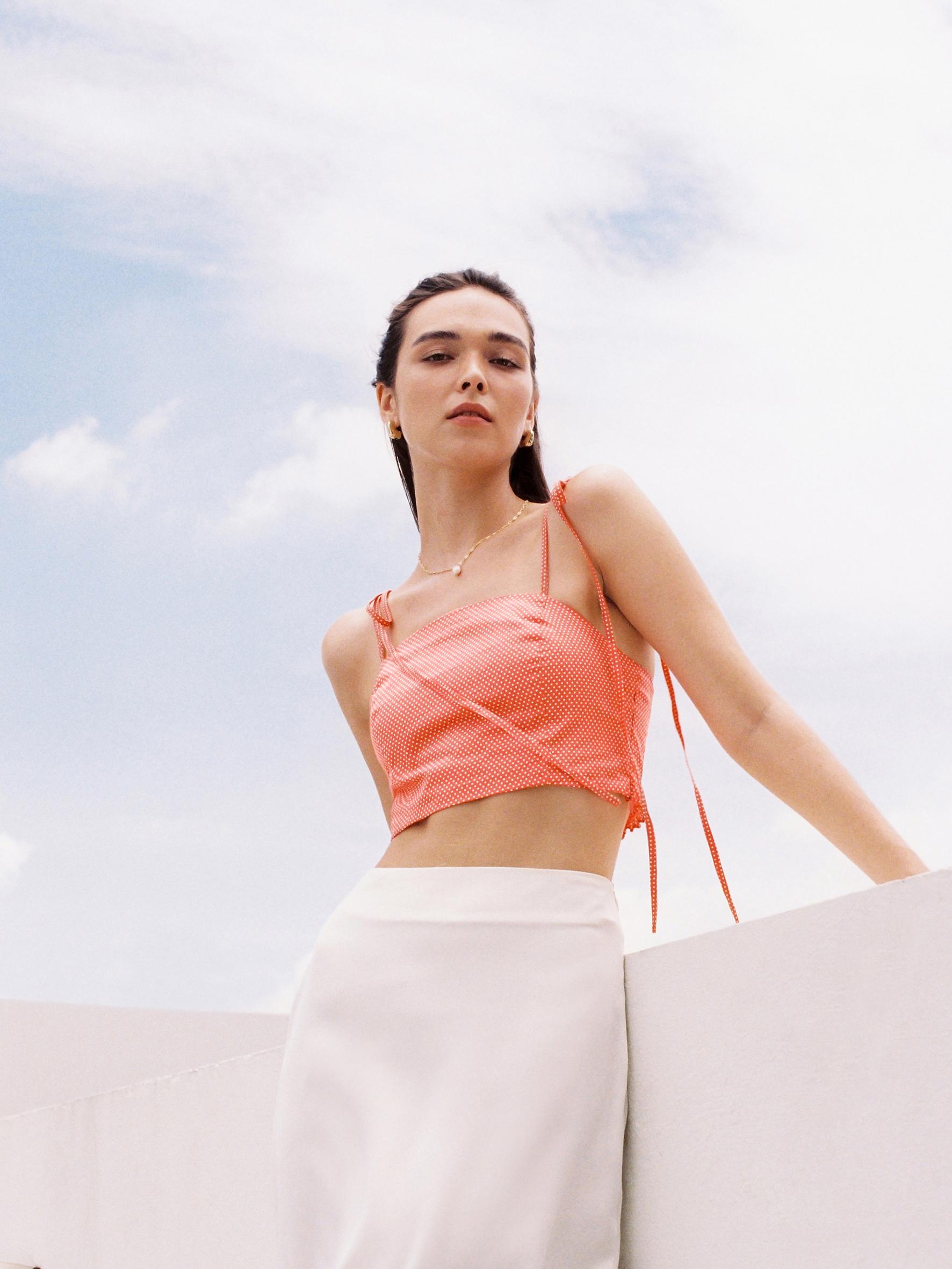 Polka Dot Tie Shoulder Crop Top - Orange