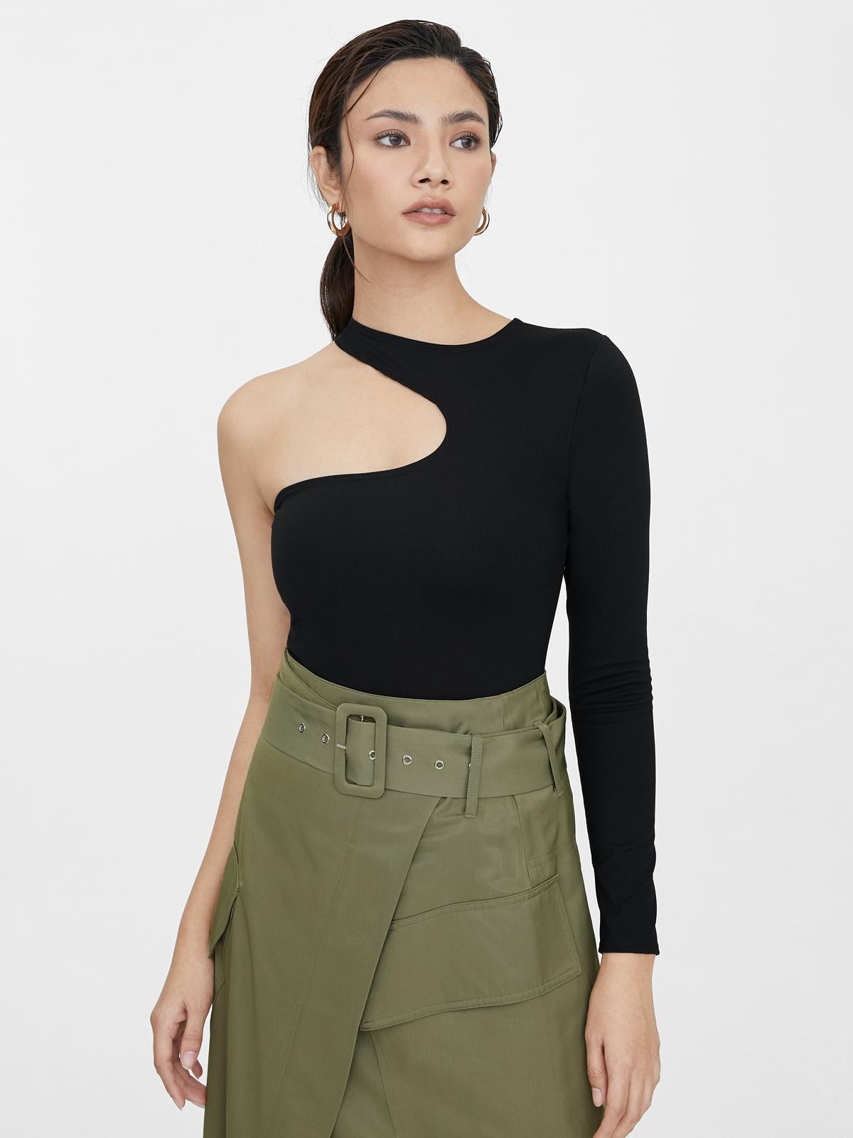 One Shoulder Asymmetric Bodysuit - Black
