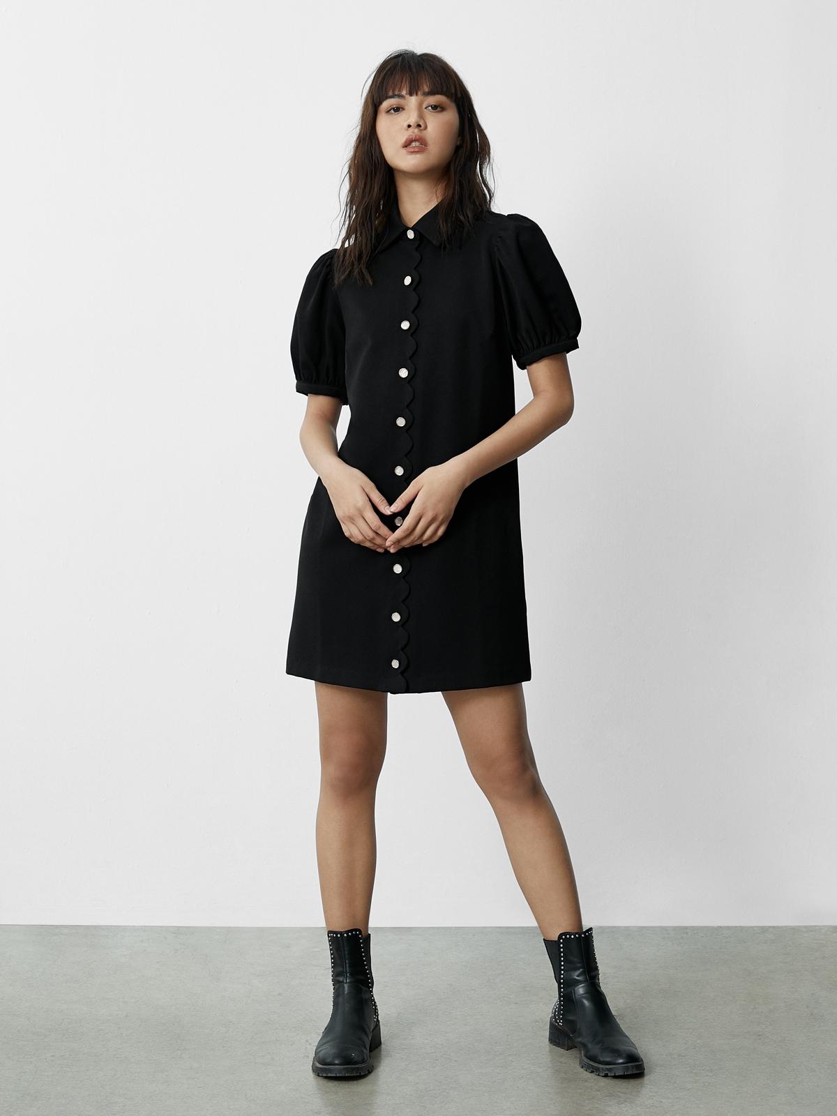 Puffed Sleeves Button Up Dress - Black