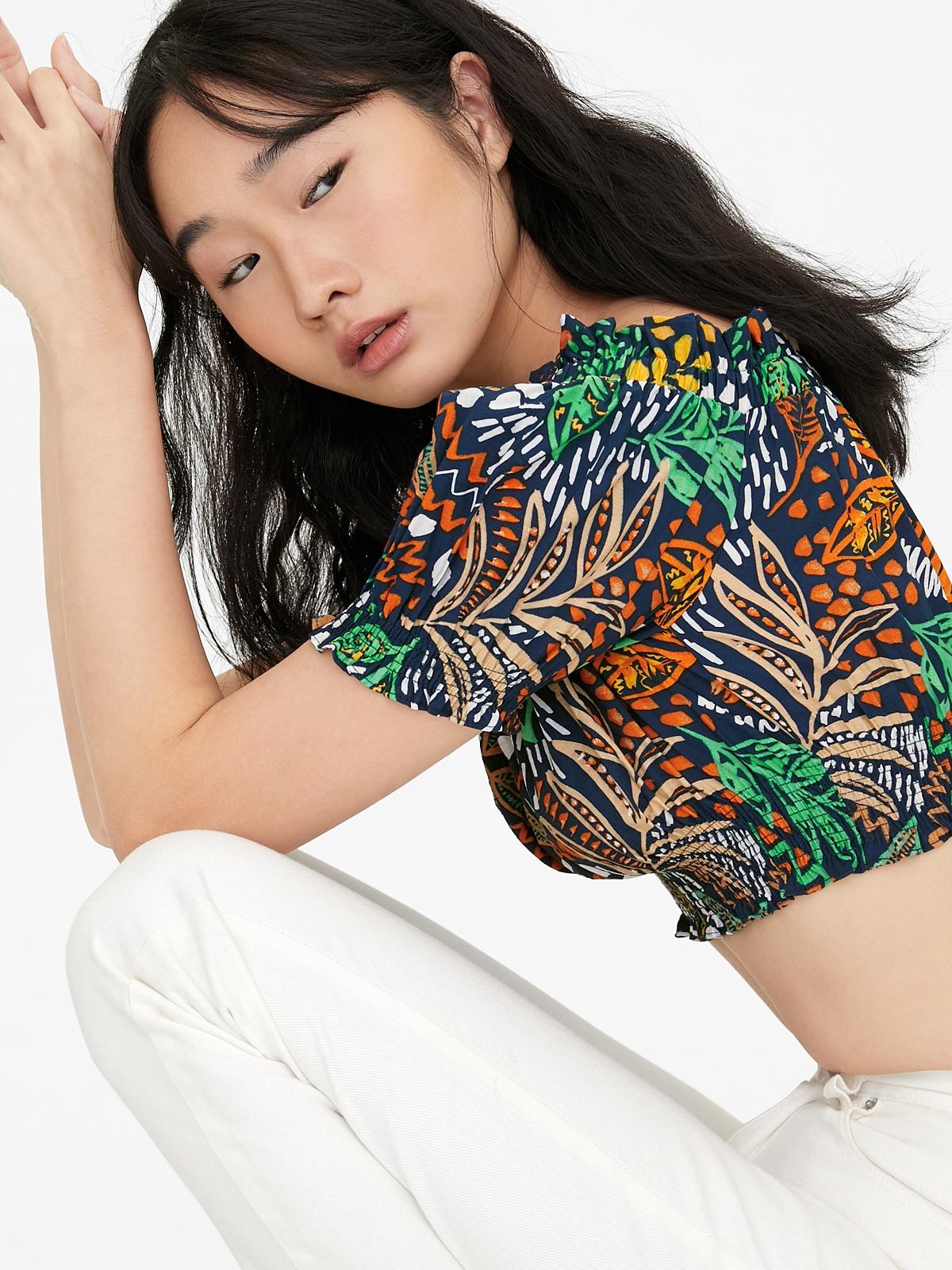 Off Shoulder Leaf Print Crop Top - Navy