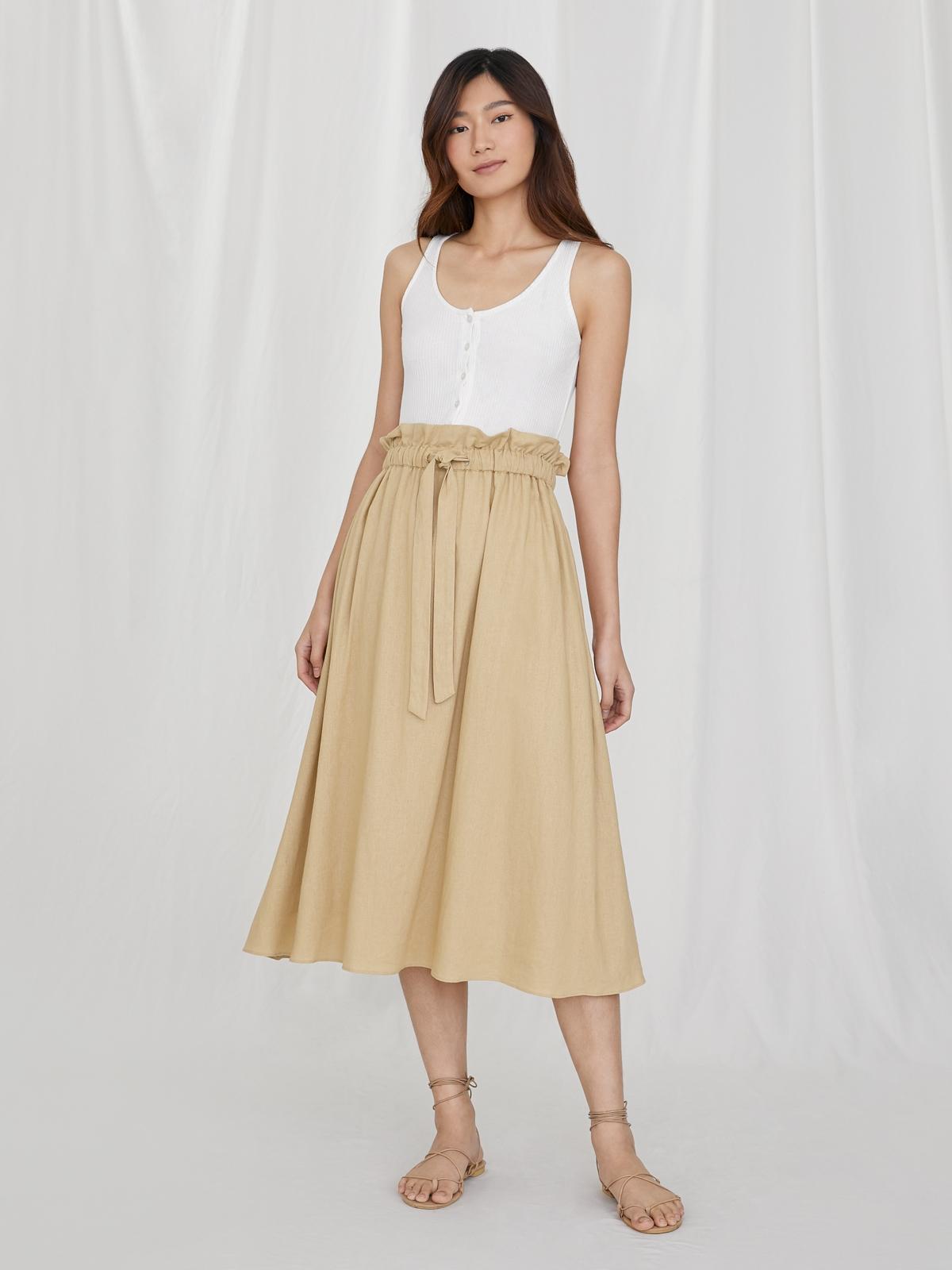 Purpose Elastic Waist A Line Skirt - Beige
