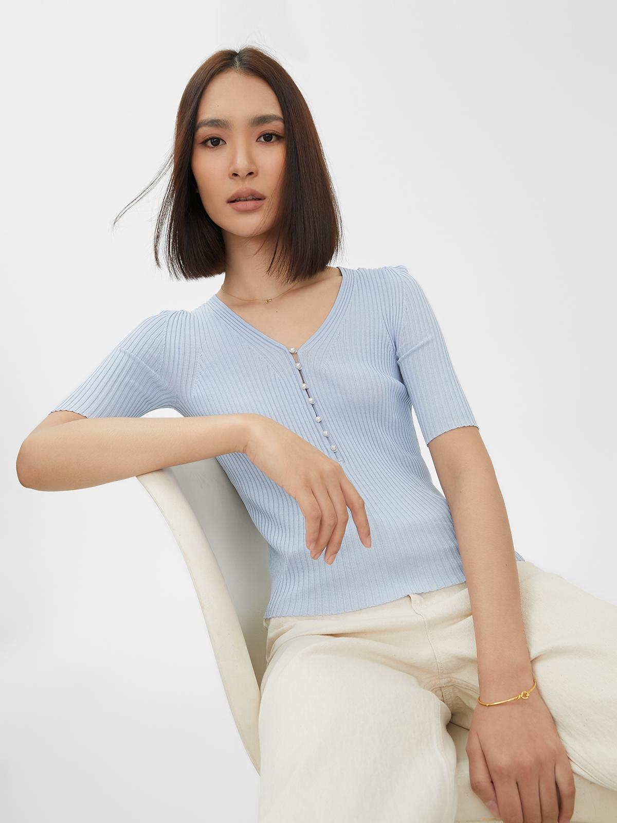 Short Sleeve Rib-Knit Top - Baby Blue