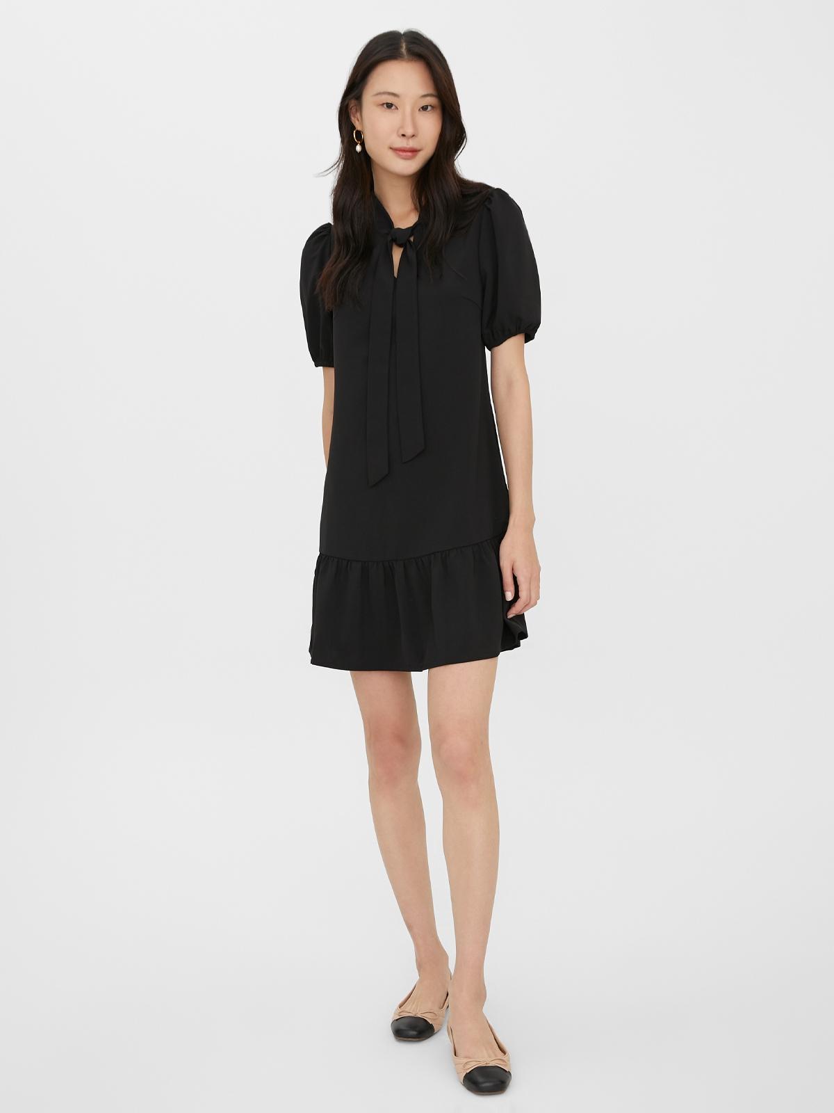 Bow Front Flare Dress - Black