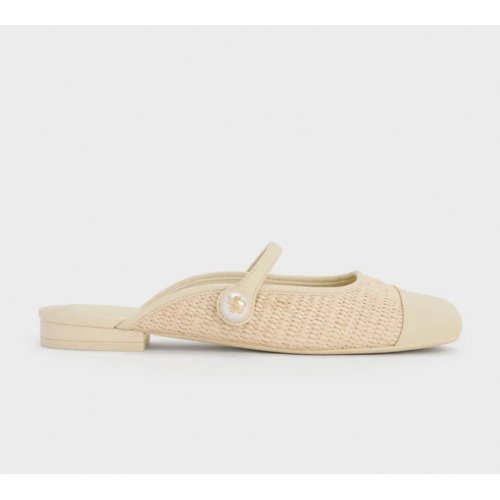  Aeryn Raffia Pearl-Embellished Slip-On Mary Janes - Cream 