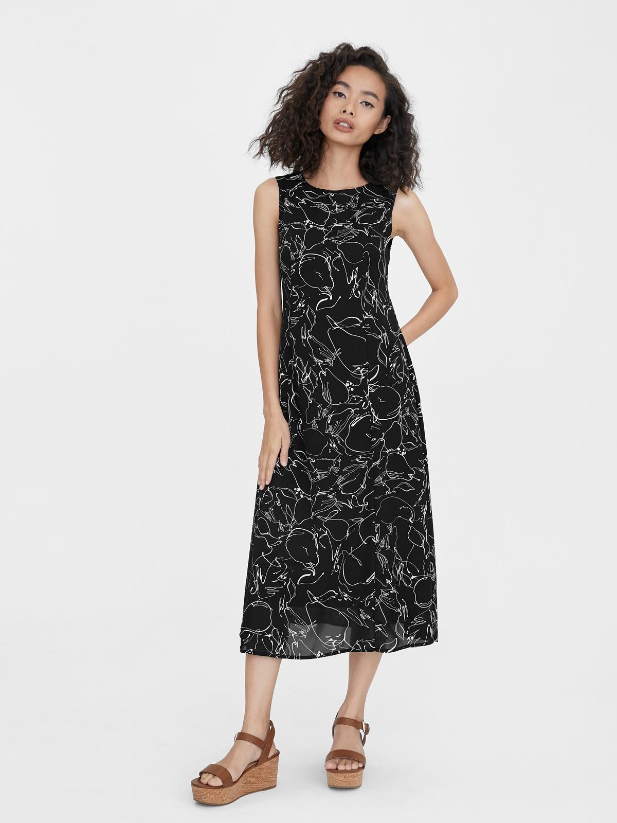 Fruit Sketch Print Flared Dress - Black