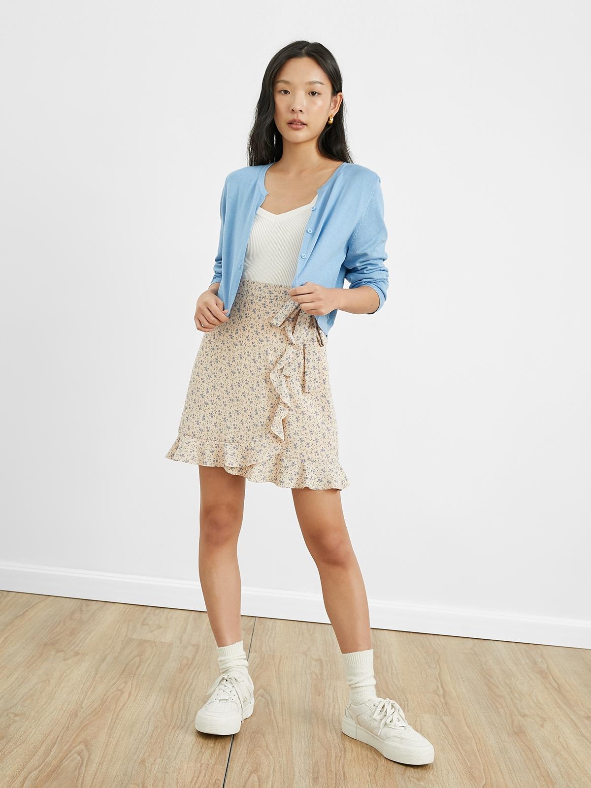 Rounded Neckline Cardigan - Light Blue