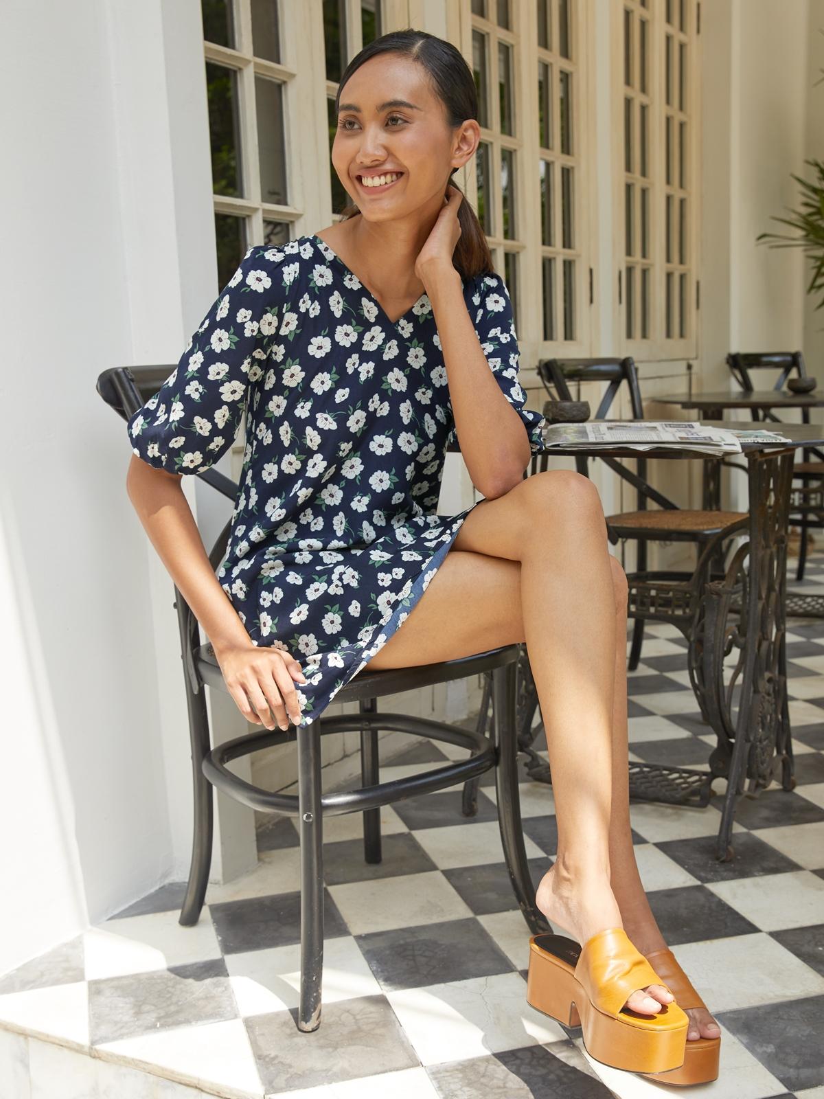Floral Wrap Half Sleeve Dress - Navy