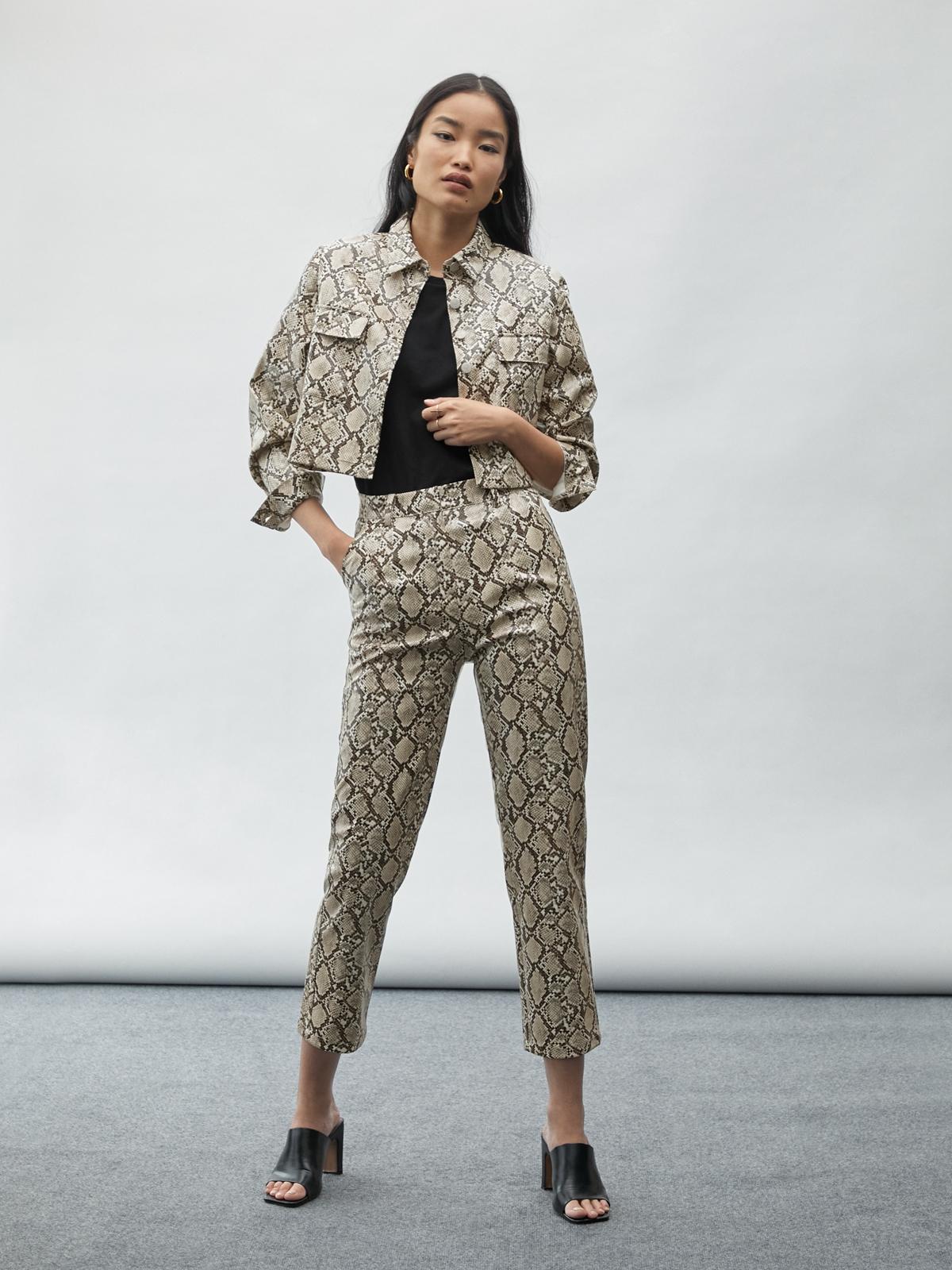 Snake Print Slim Leg Tailored Pants - Brown