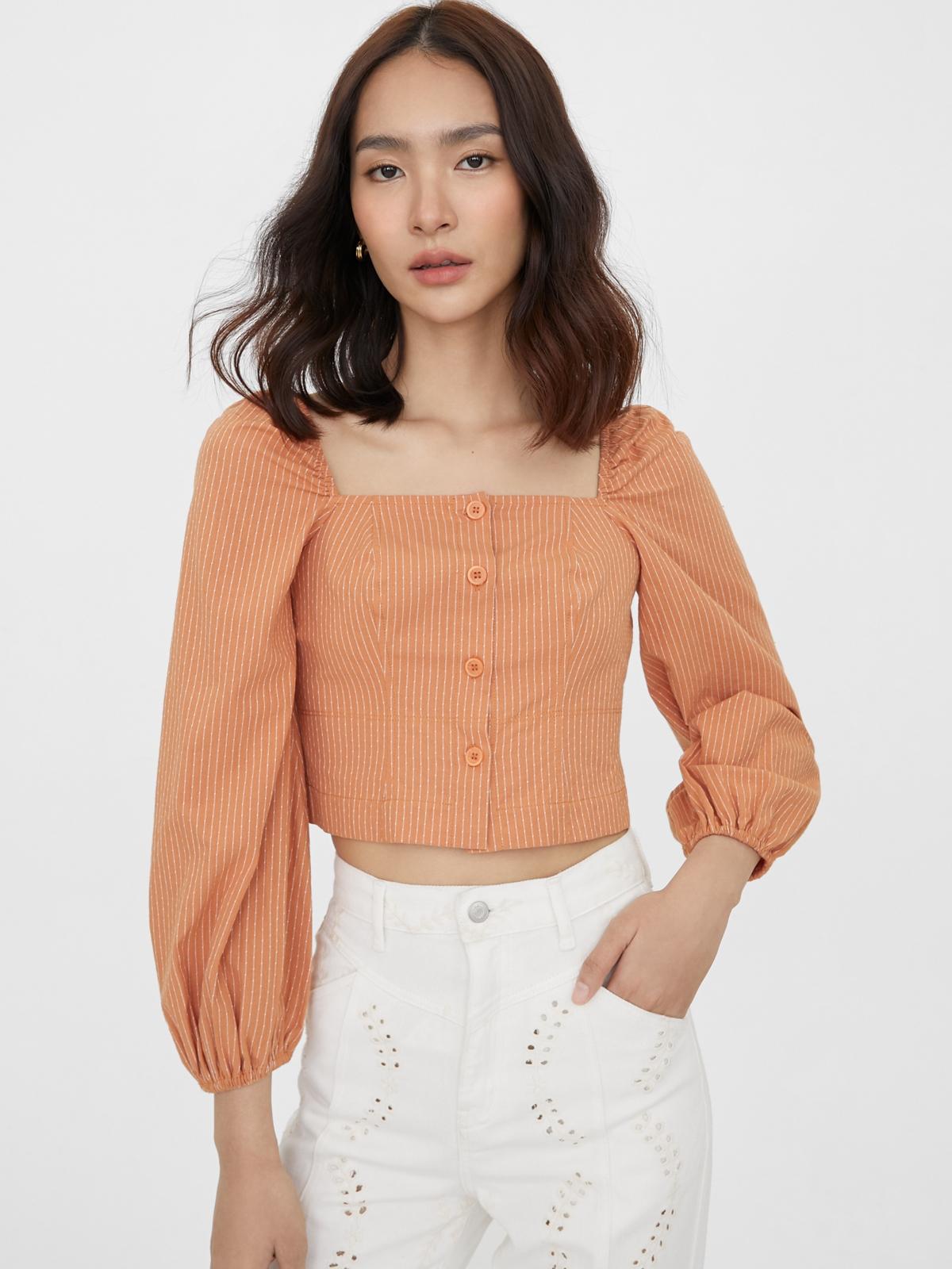 Puffed Sleeve Pinstripe Crop Top - Brown