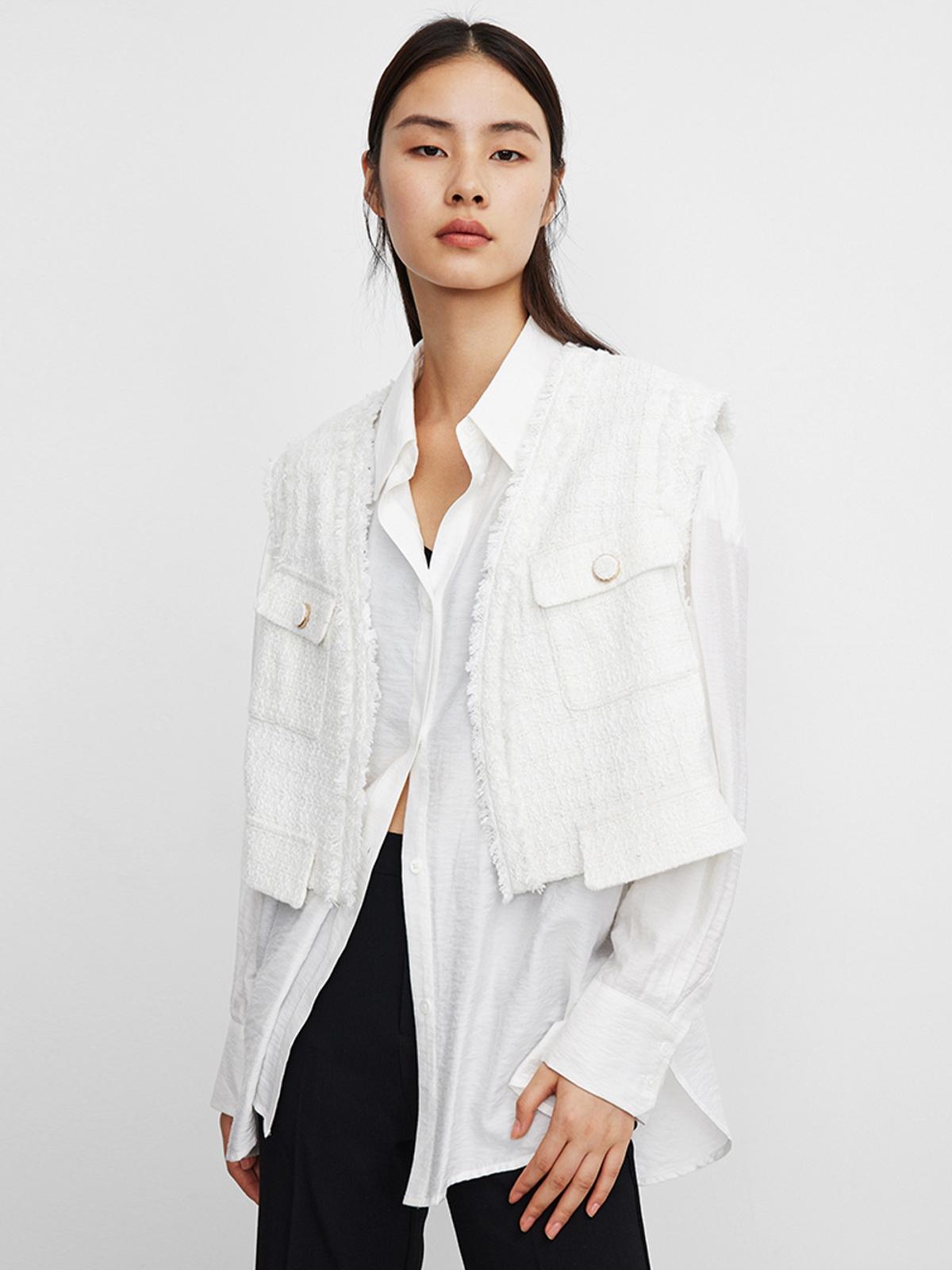Tweed Effect Sleeveless Crop Blazer - White