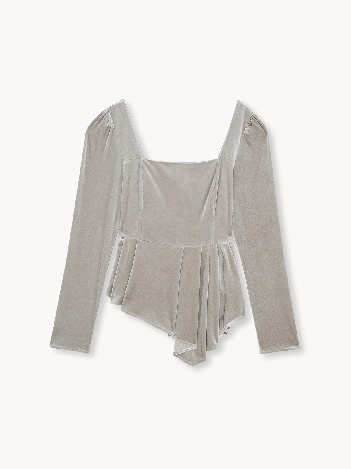 Velvet Square Neck Asymmetric Blouse - Silver