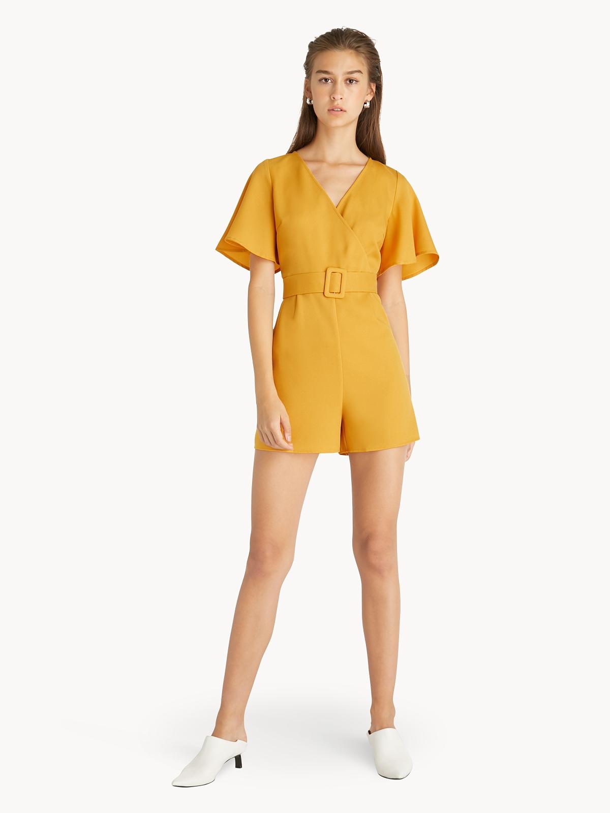 Surplice Belted Romper - Yellow