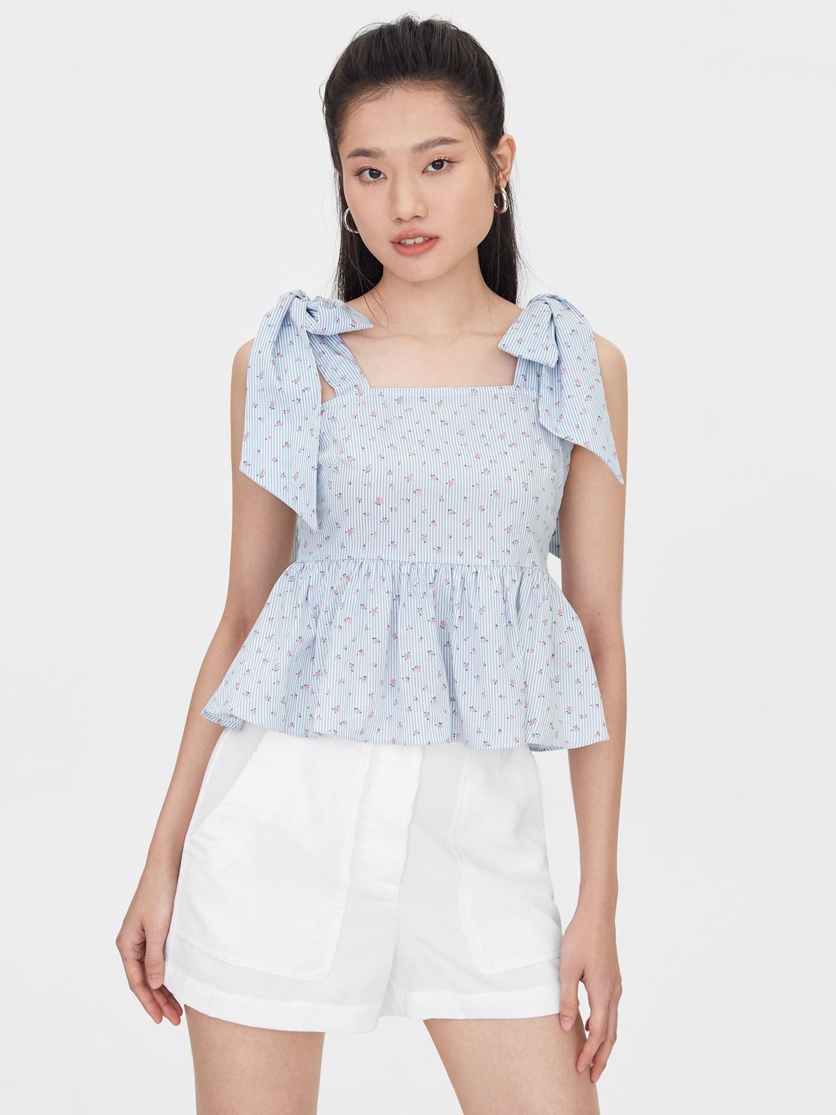 Striped Rose Print Tie Shoulder Top - Blue
