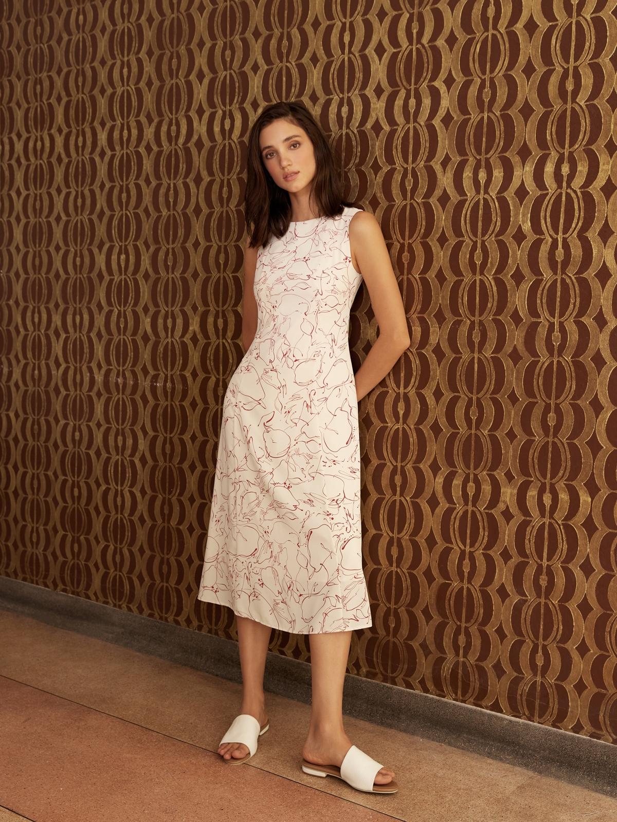 Fruit Sketch Print Flared Dress - Cream