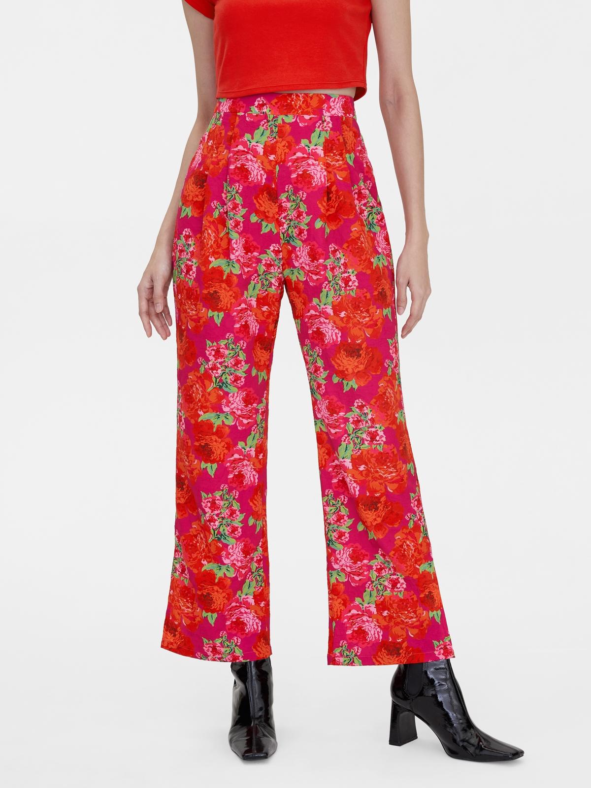 High Waisted Flower Print Pants - Magenta