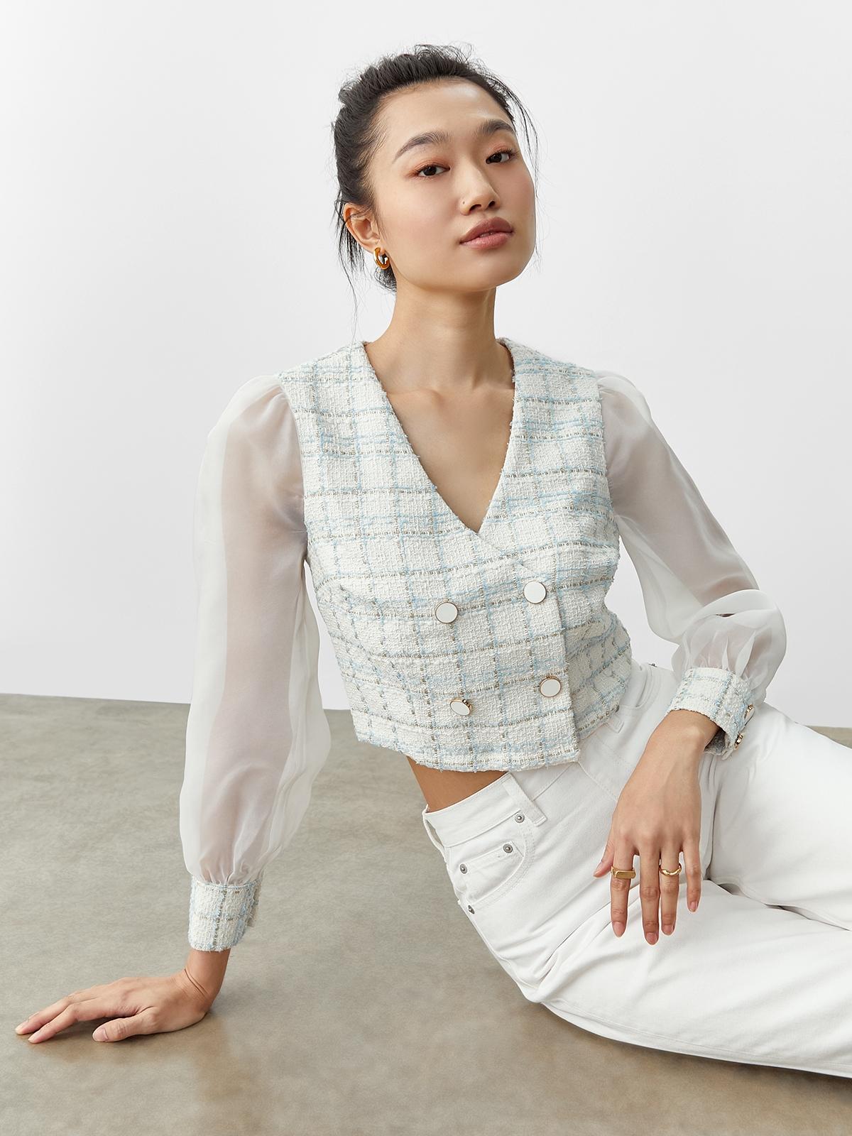 See-Through Long Sleeve Crop Top - Blue