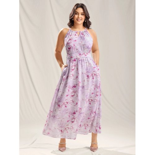  Floral Print Halter Neck Stretchy Midi Dress
