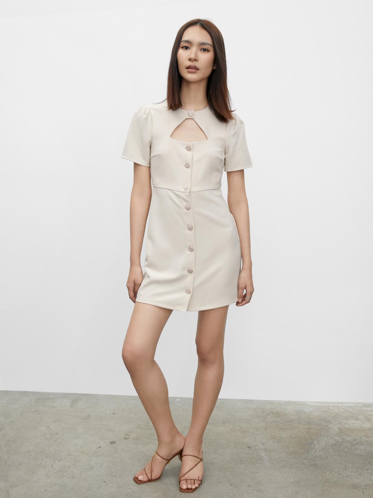 Cut Out Neck Button Up Dress - Cream