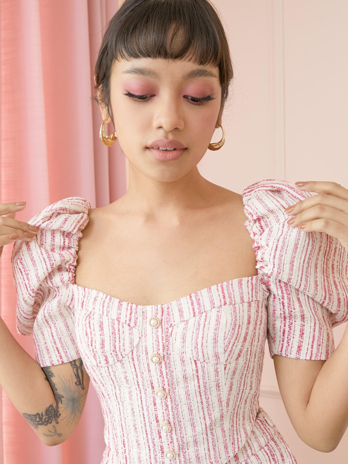 Puffed Sleeves Tweed Crop Top - Magenta